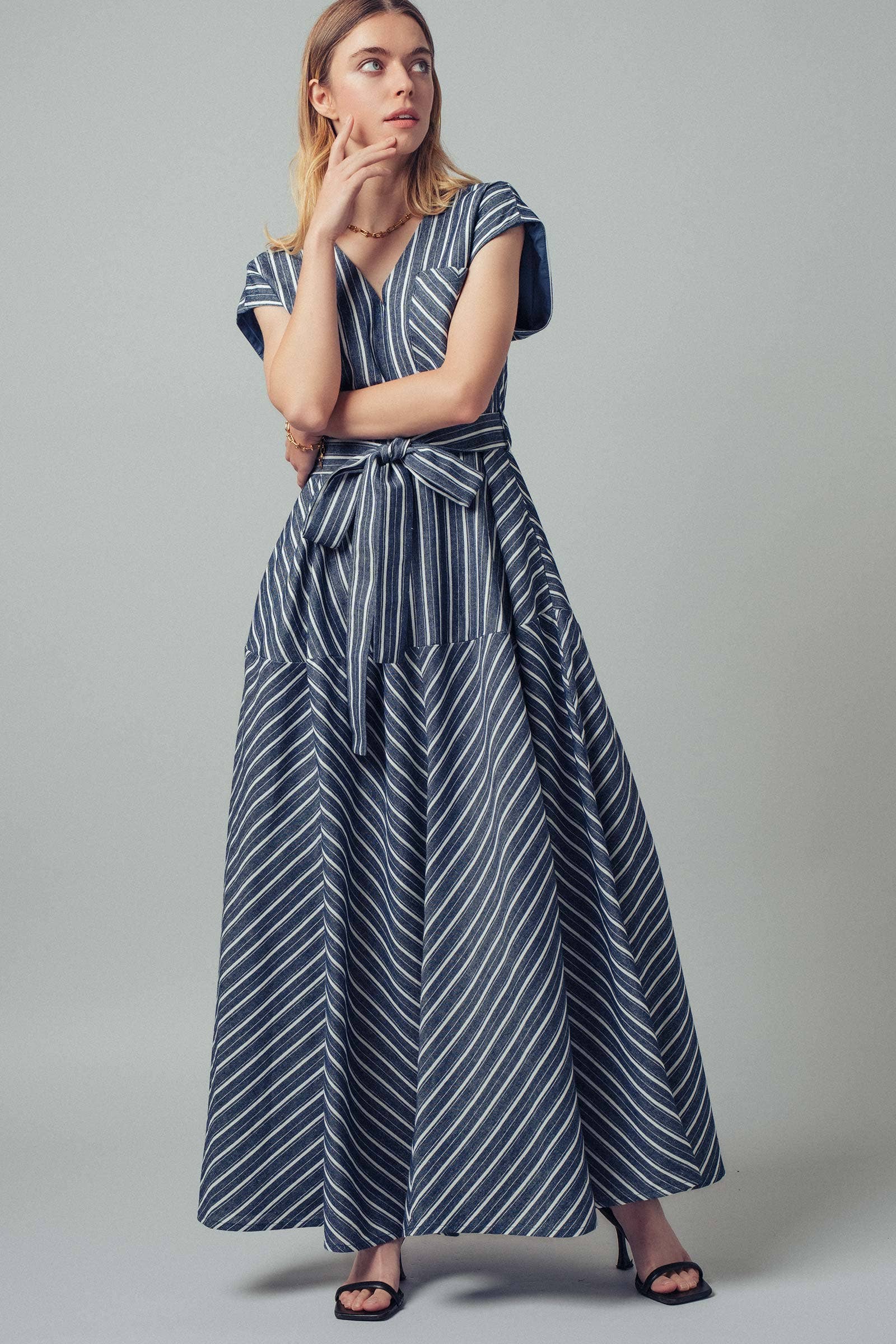 Urban Daizy Mixed Stripe Belted V-Neck Maxi Dress Navy Dress - Women's (UDZ-DR-00392) – alternate view 8