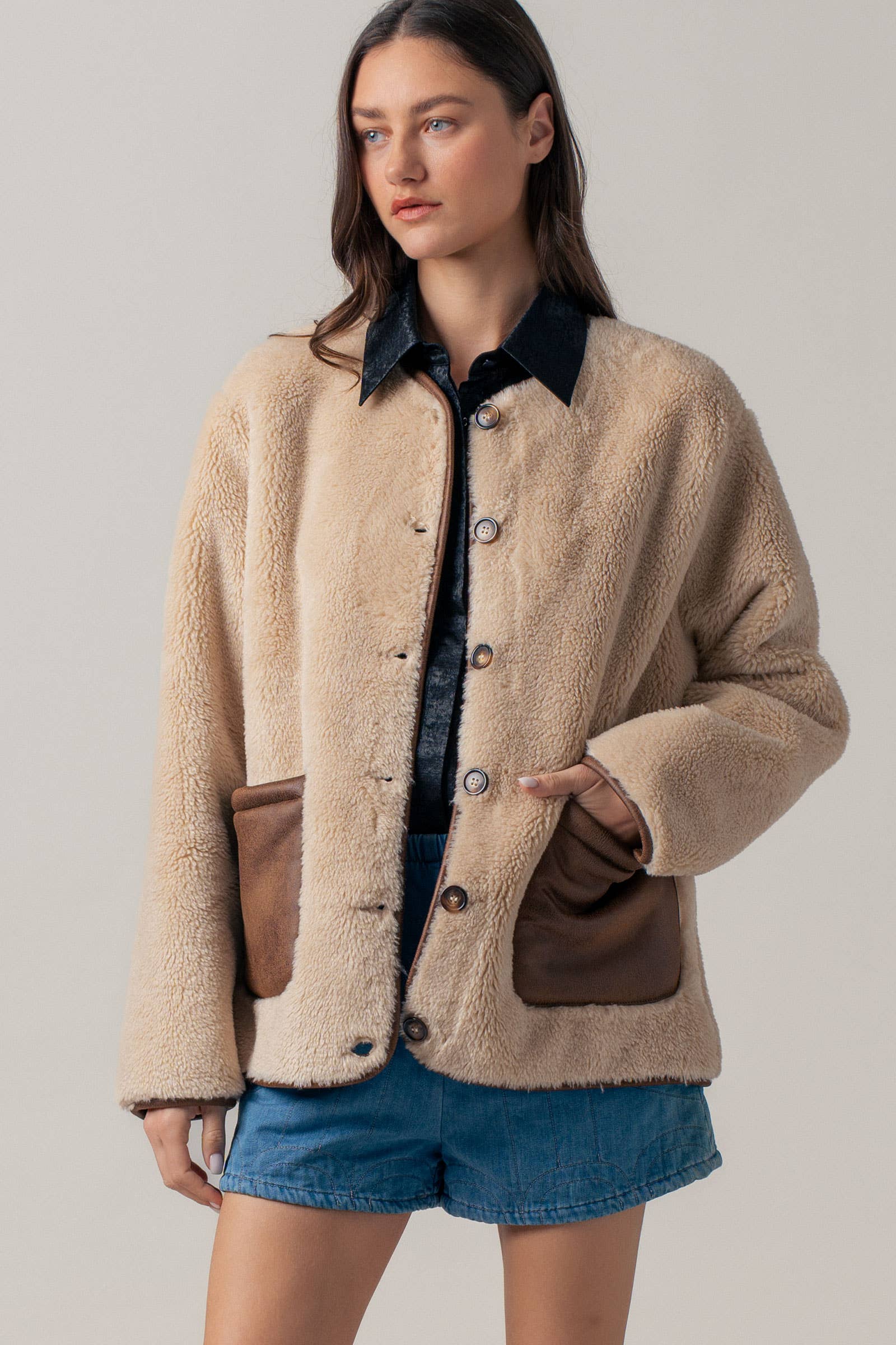 Faux Shearling Jacket with Suede Pockets
