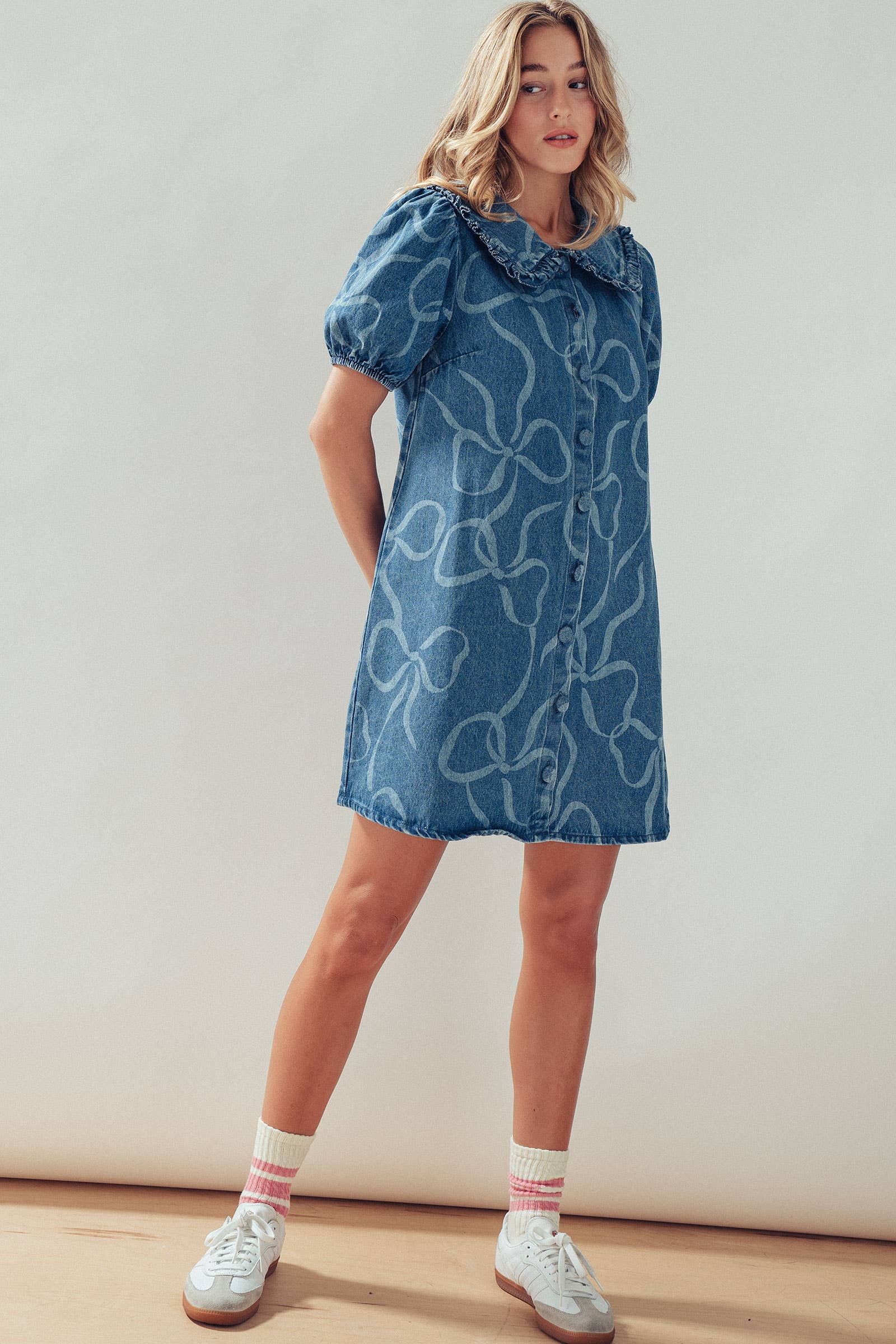 Bow Print Puff Sleeve Denim Mini Dress
