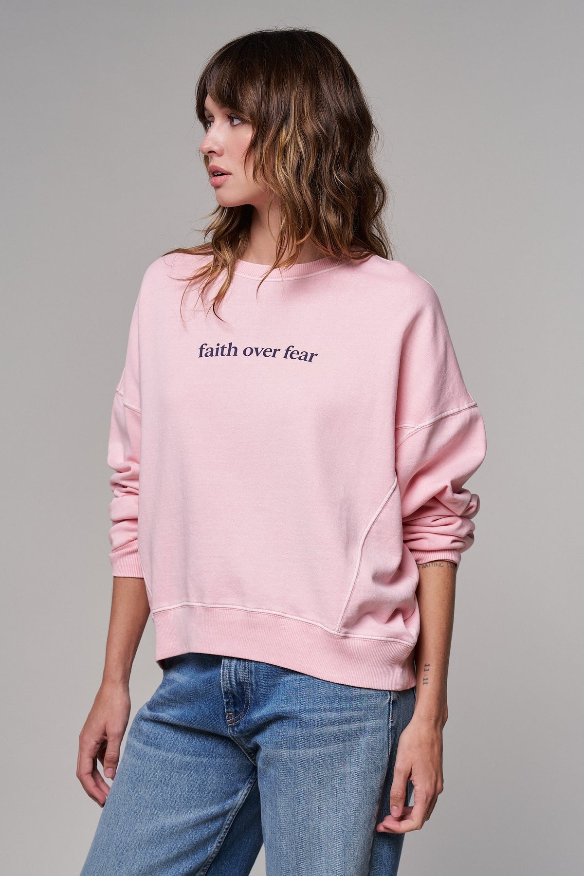Oversized Graphic Sweatshirt Pigment Wash Cotton Crewneck in PINK CLAY - Women's Sweatshirts & Hoodies | Urban Daizy
