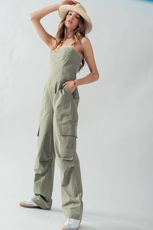 Urban Daizy Strapless Wide Leg Cargo Pocket Artisanal Jumpsuit Moss Jumpsuit - Women's (UDZ-JR-00002) – alternate view 9