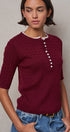 Wool Blend Cable Knit Henley with Contrast Neckline in BURGUNDY - Women's Sweaters | Urban Daizy
