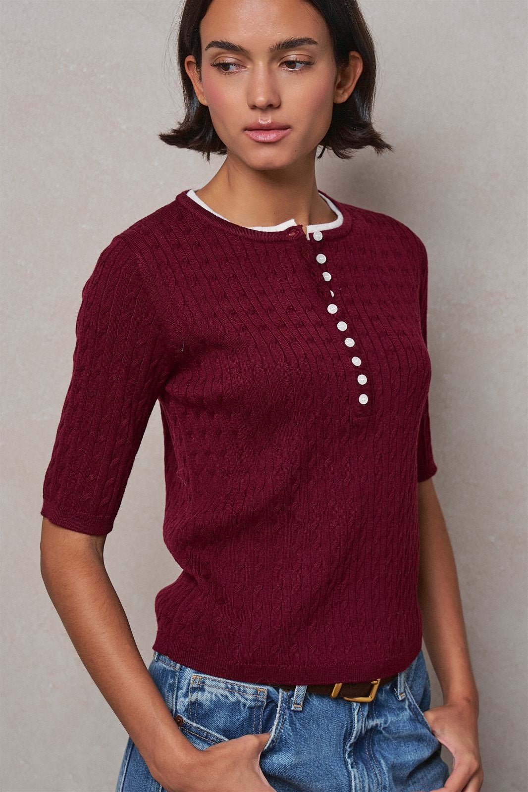 Wool Blend Cable Knit Henley with Contrast Neckline in BURGUNDY - Women's Sweaters | Urban Daizy