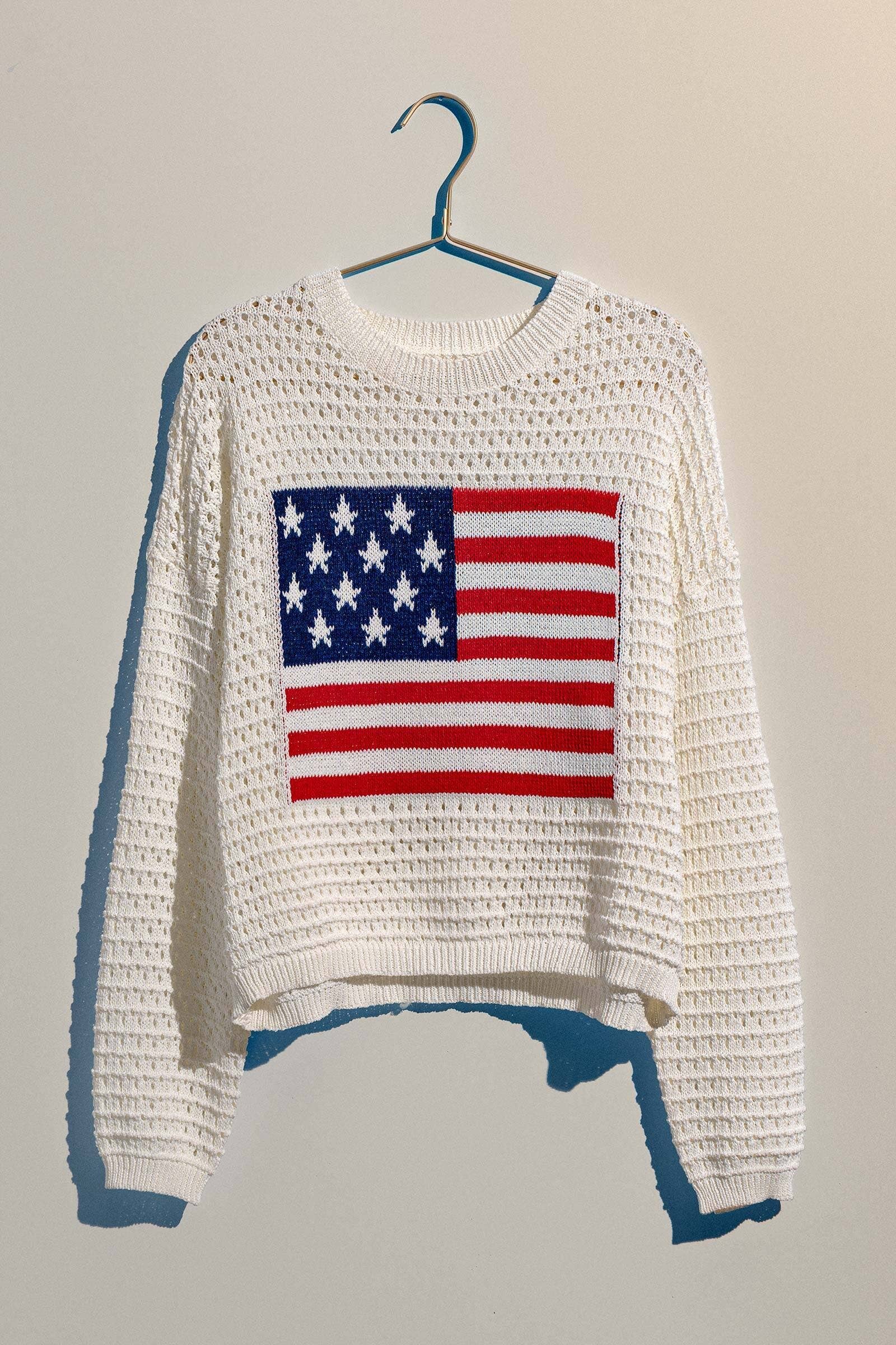Urban Daizy Old American Flag Crochet Crewneck Sweater Ivory Knit Sweater - Women's (UDZ-KN-00502)