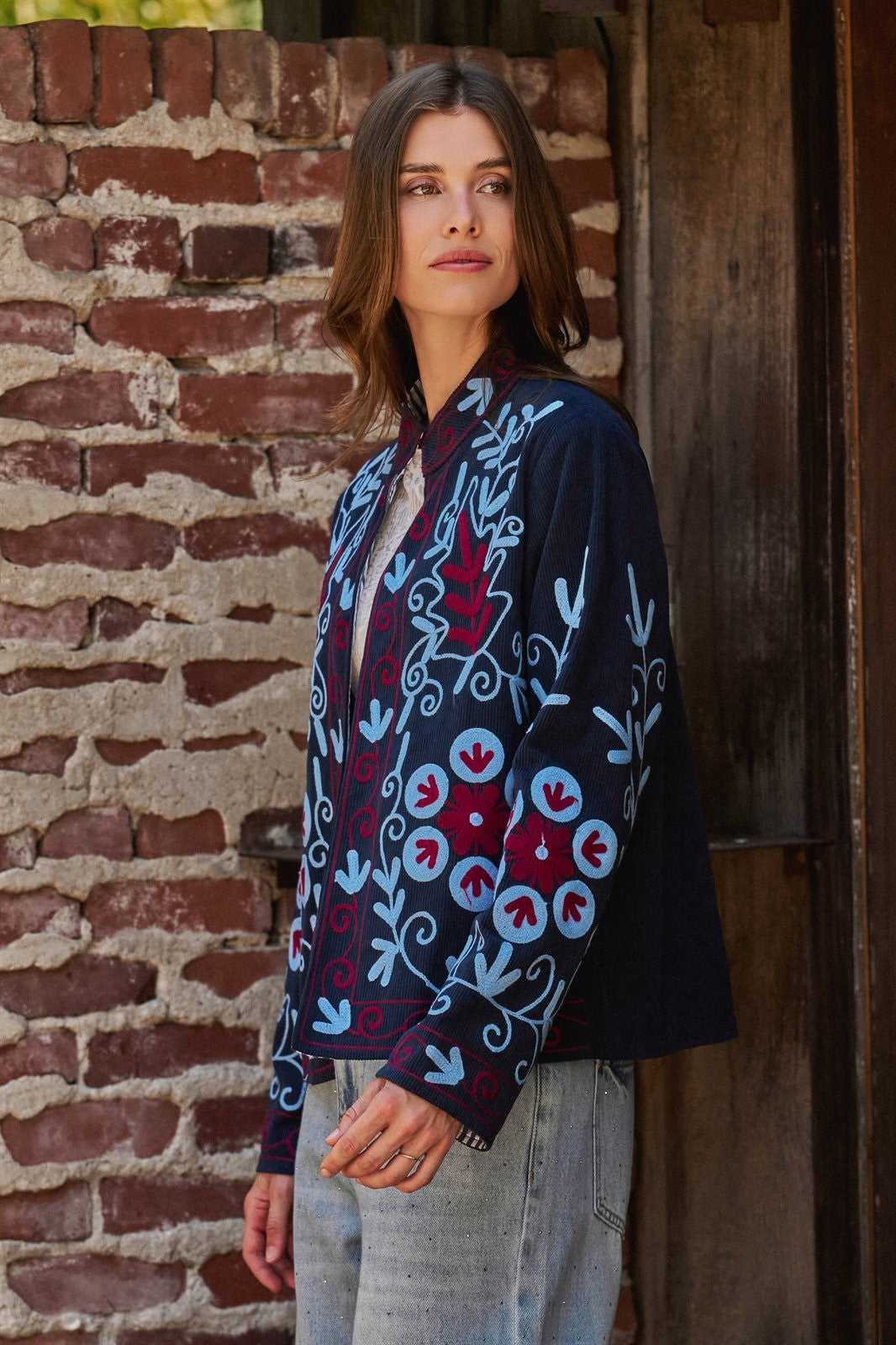Embroidered Corduroy Jacket with Folk Floral Scroll in NAVY - Women's Jackets & Blazers | Urban Daizy