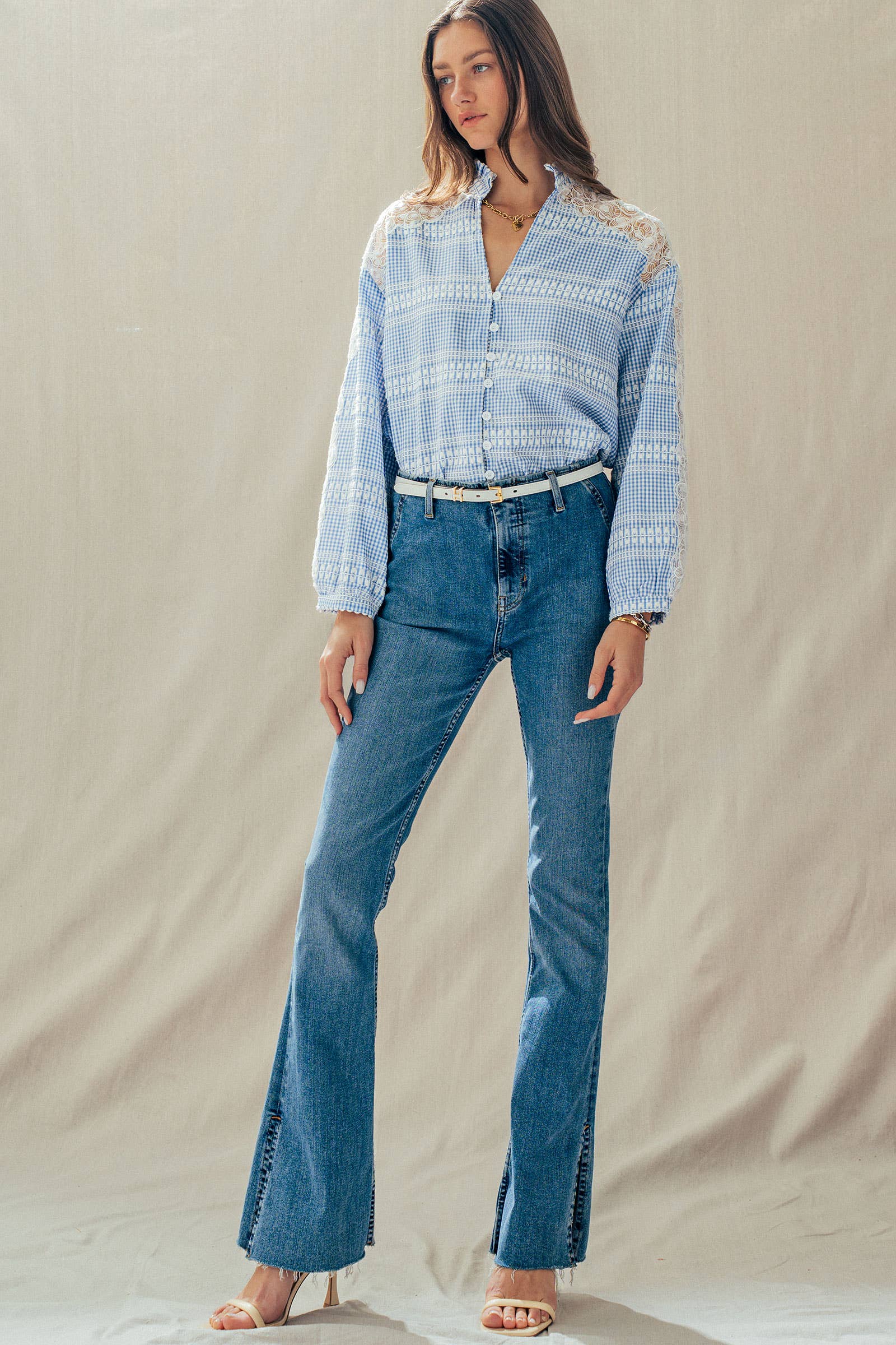 Urban Daizy Gingham Plaid Blouse Lace Insert Long Sleeve Blue Button Down Shirt - Women's (UDZ-TP-01056) – alternate view 7