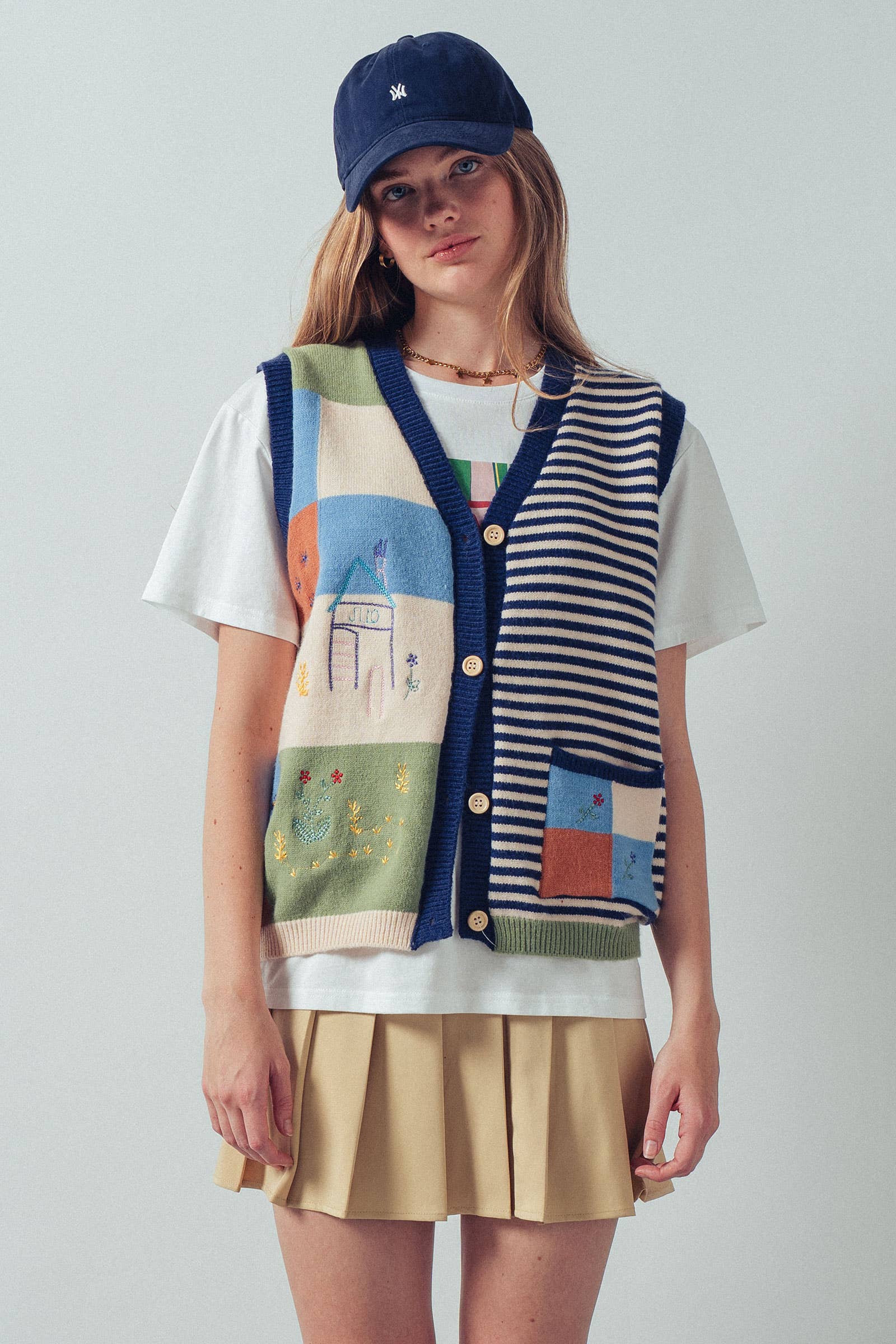 Embroidered Patchwork Striped Knit Vest