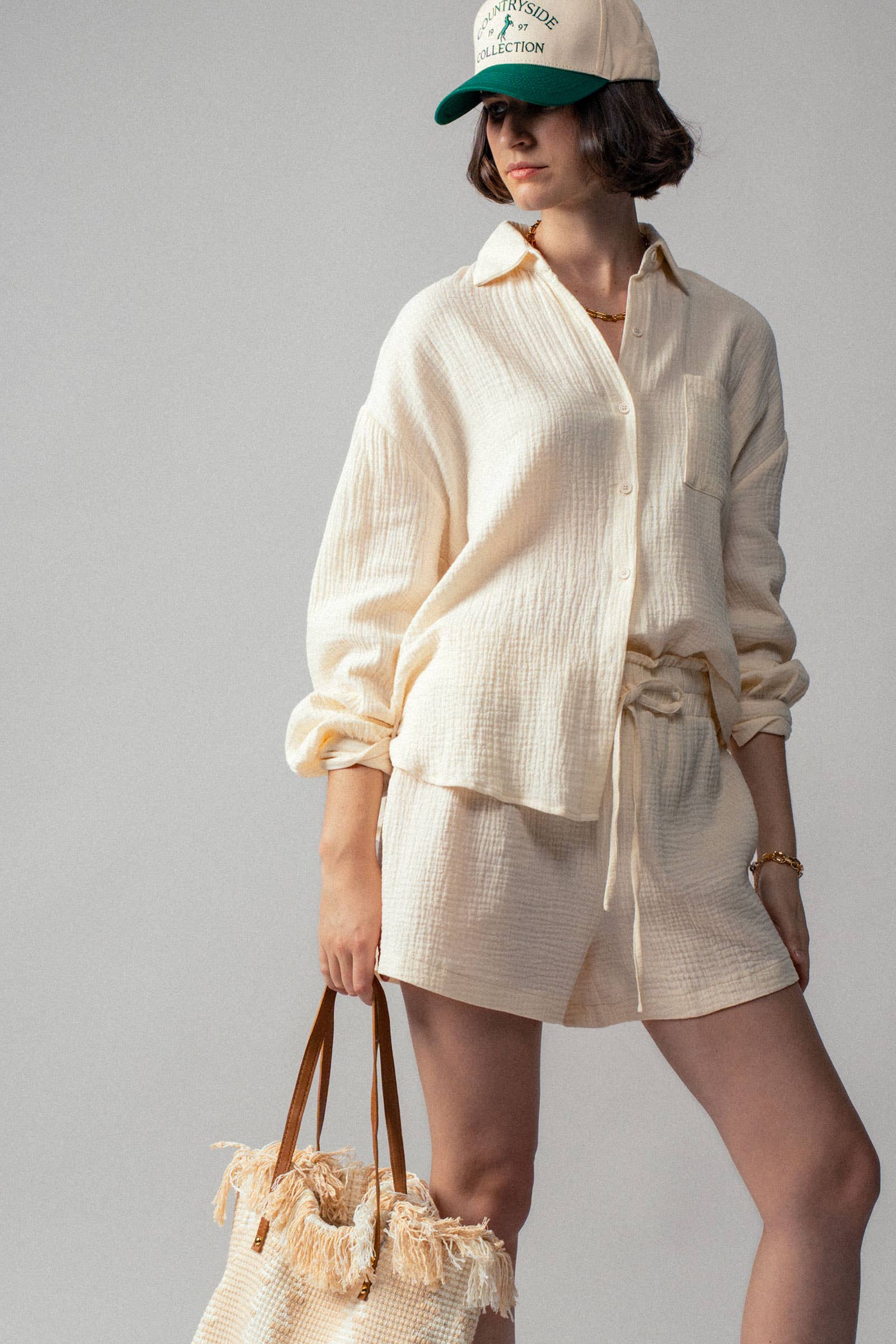 Urban Daizy Crinkle Cotton Gauze Resort Button-Up Set Brown Lounge Set - Women's (UDZ-DR-00388) – alternate view 2