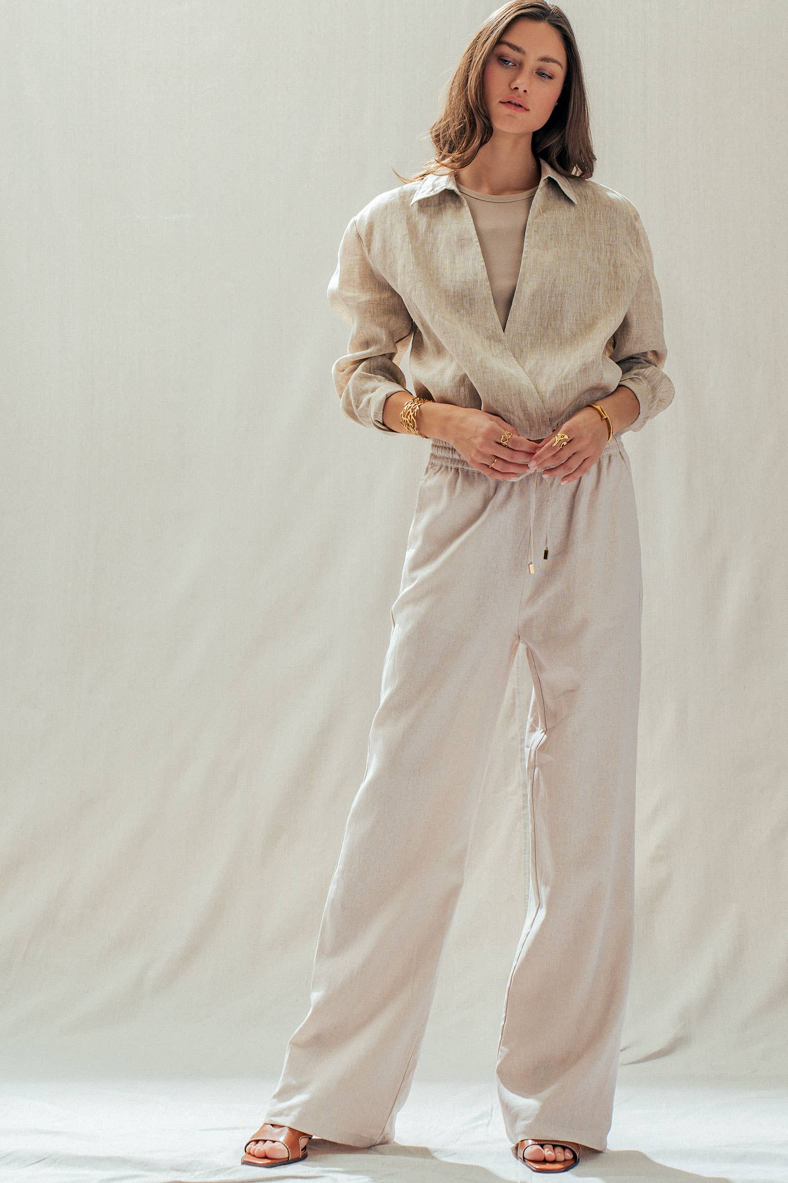 Linen Blend Wide Leg Pants Drawstring Waist