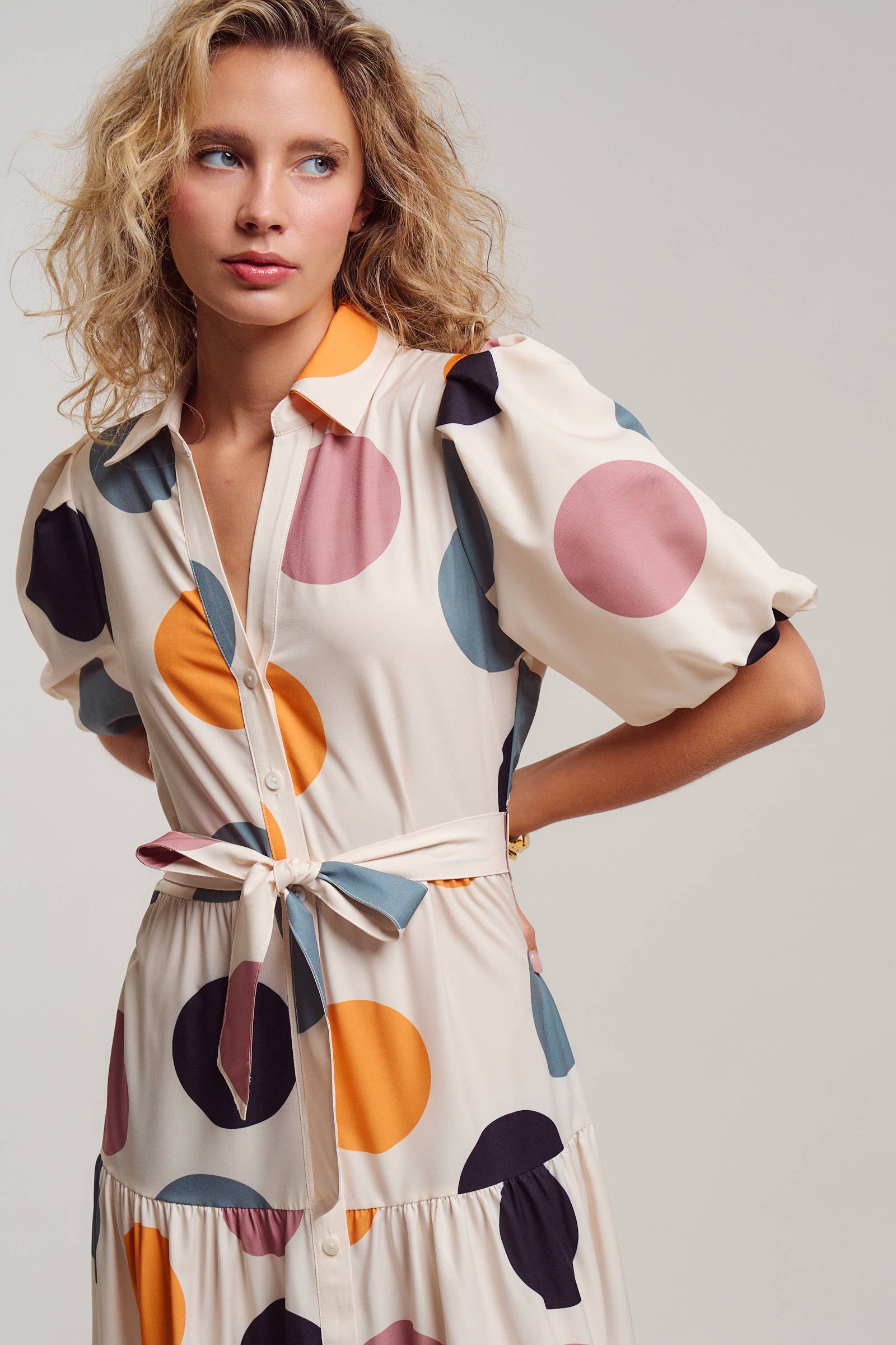 Urban Daizy Retro Polka Dot Puff Sleeve Tiered Maxi Shirt Dress Cream Dress - Women's (TNDR1630-Cream) – alternate view 6