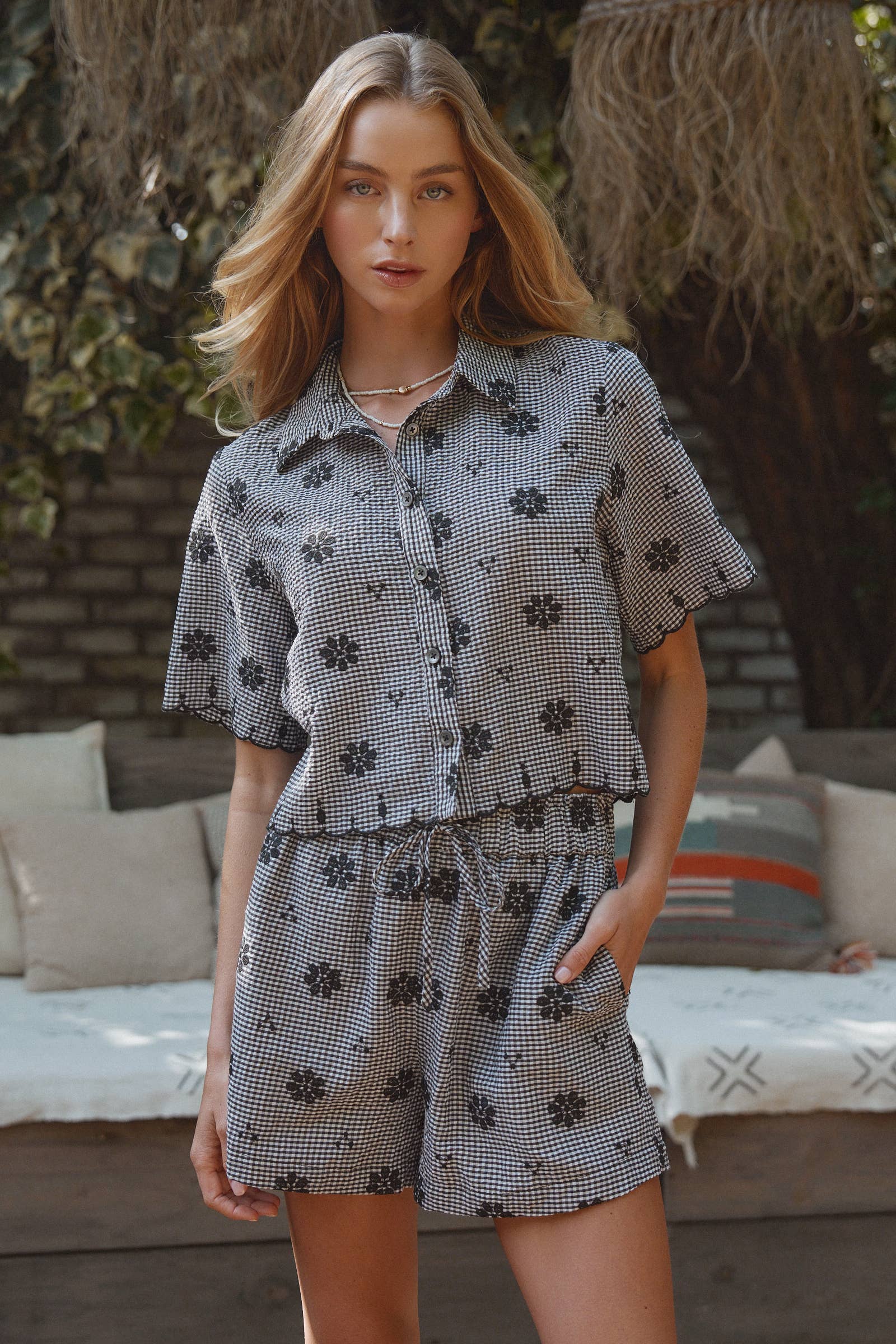 Urban Daizy Floral Embroidered Gingham Matching Set Black Lounge Set - Women's (UDST0156-Black)