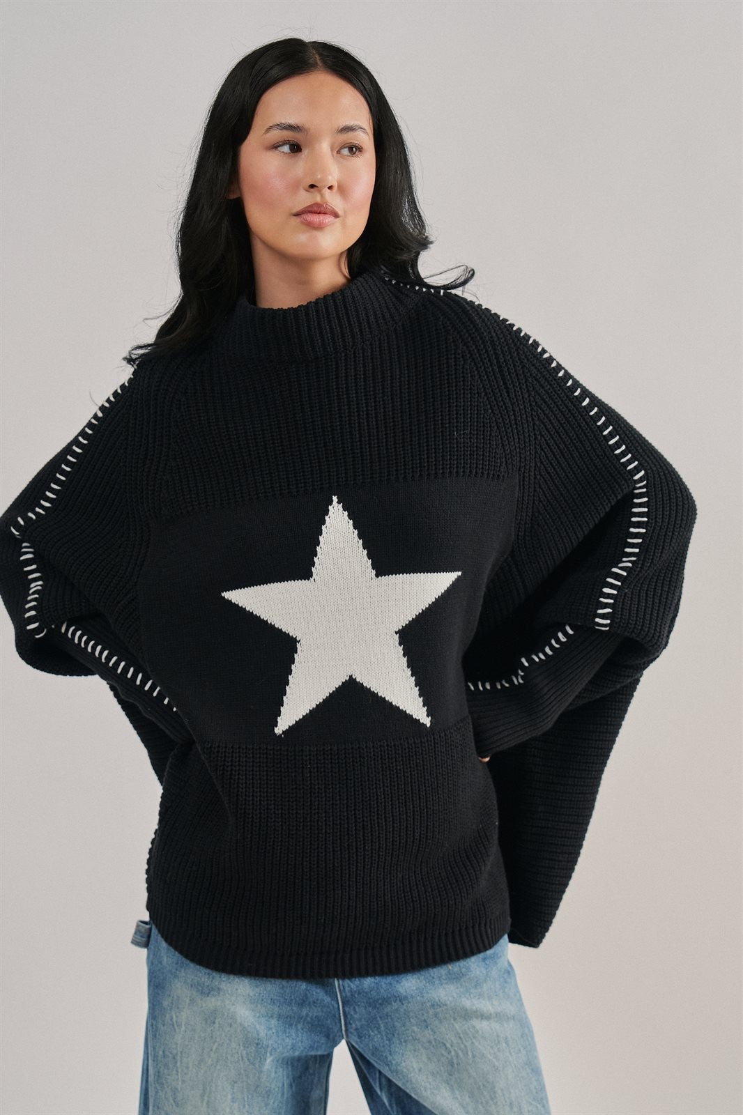 Star Intarsia Mock Neck Sweater in BLACK - Women's Sweaters | Urban Daizy