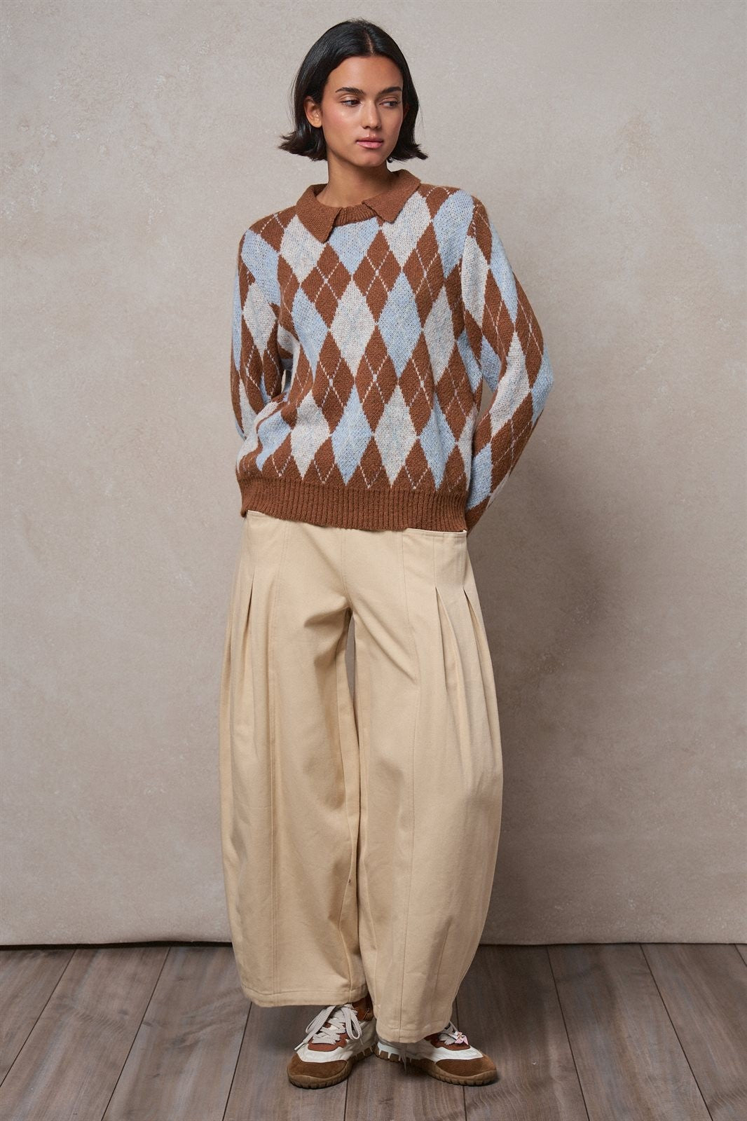 Argyle Polo Collar Sweater in BROWN MULTI - Women's Sweaters | Urban Daizy