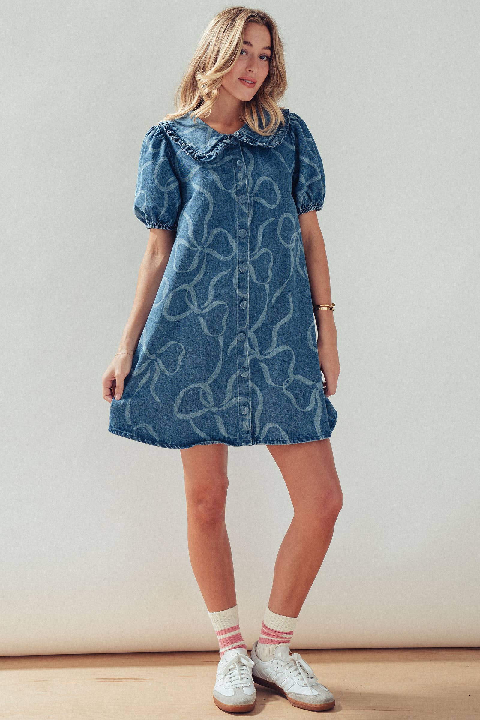 Bow Print Puff Sleeve Denim Mini Dress