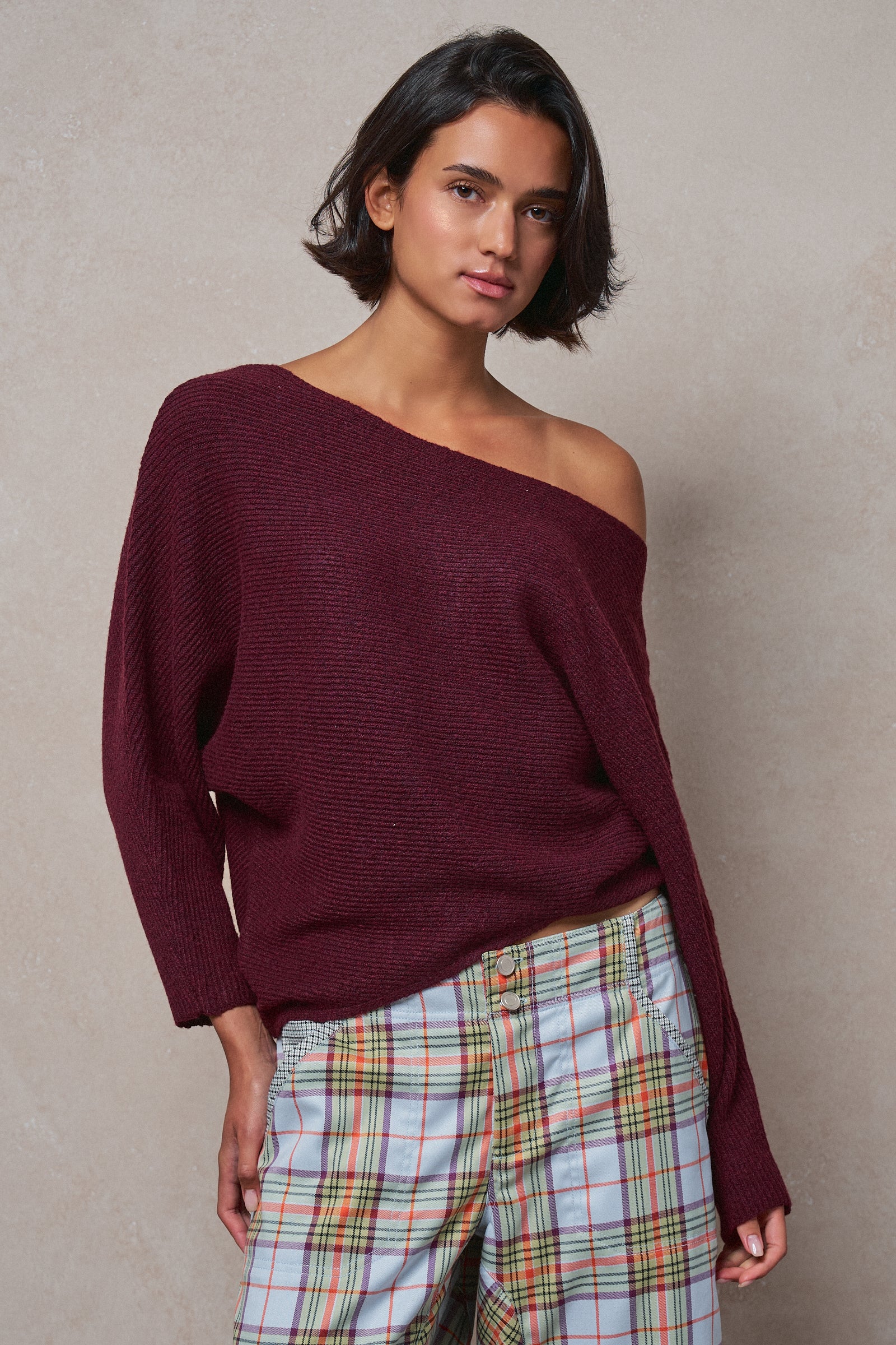 Dolman Sleeve Boat Neck Knit Sweater