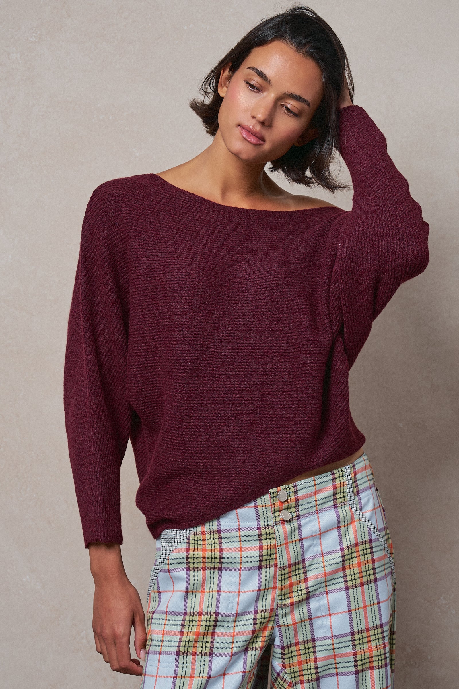 Dolman Sleeve Boat Neck Knit Sweater