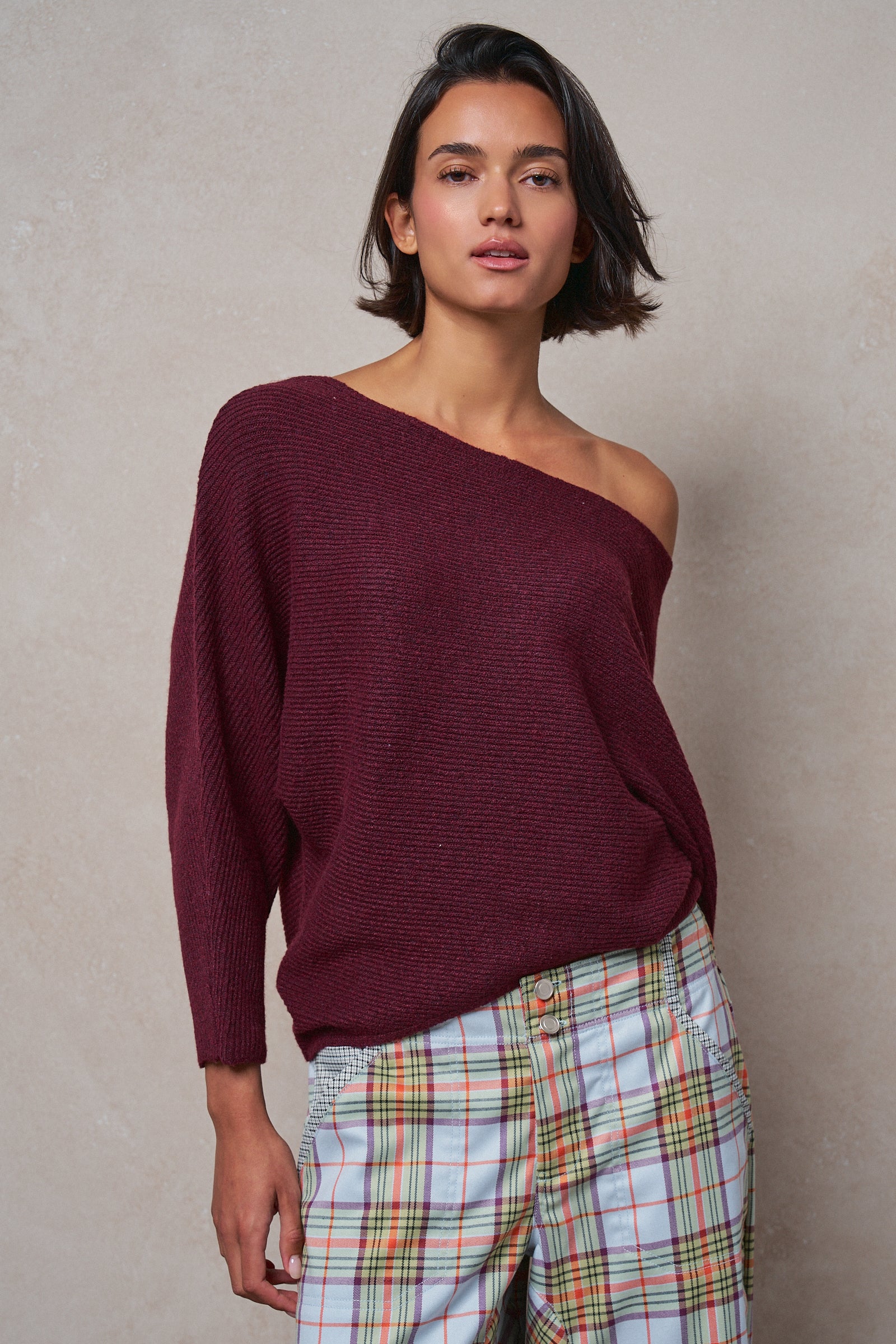 Dolman Sleeve Boat Neck Knit Sweater