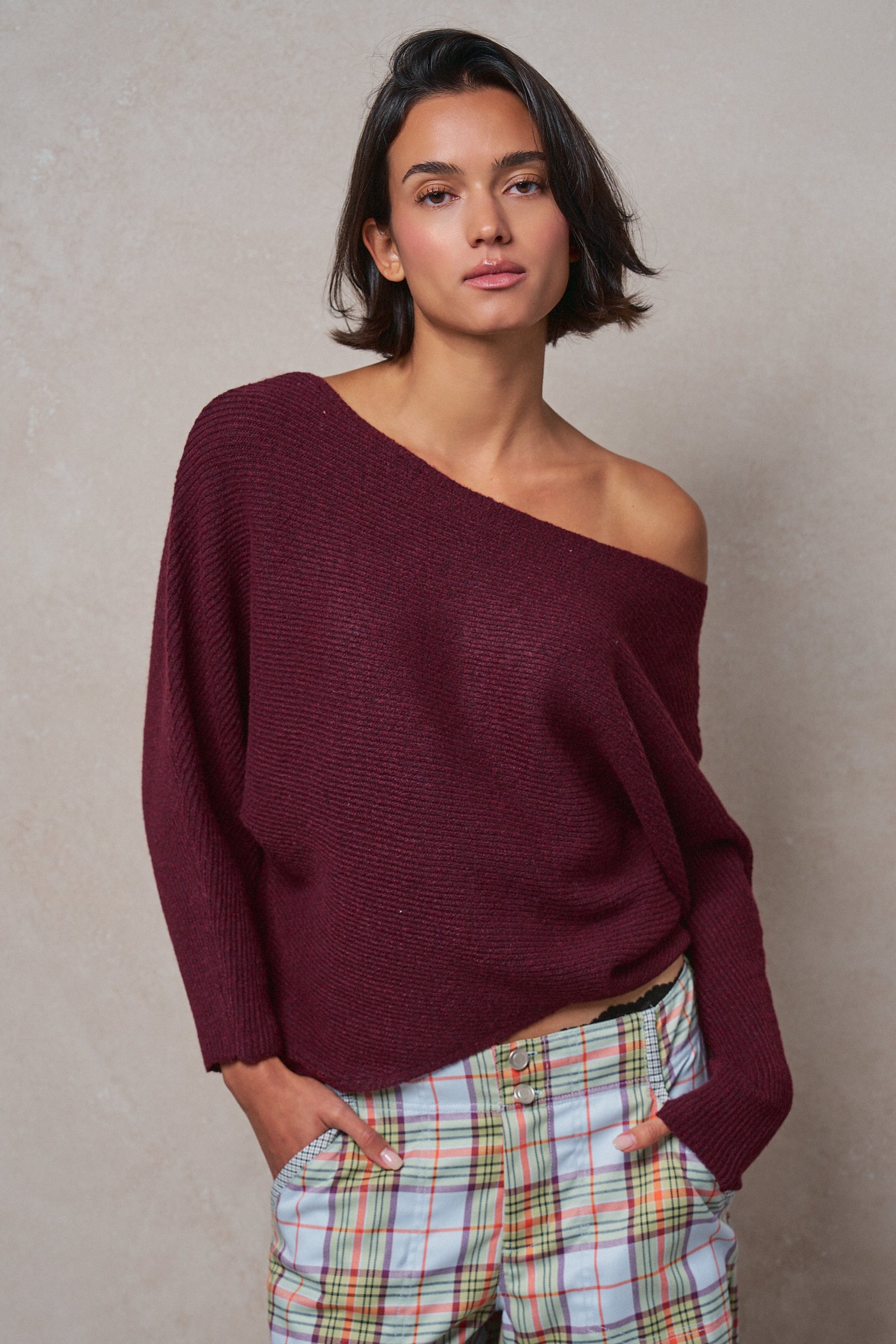 Dolman Sleeve Boat Neck Knit Sweater