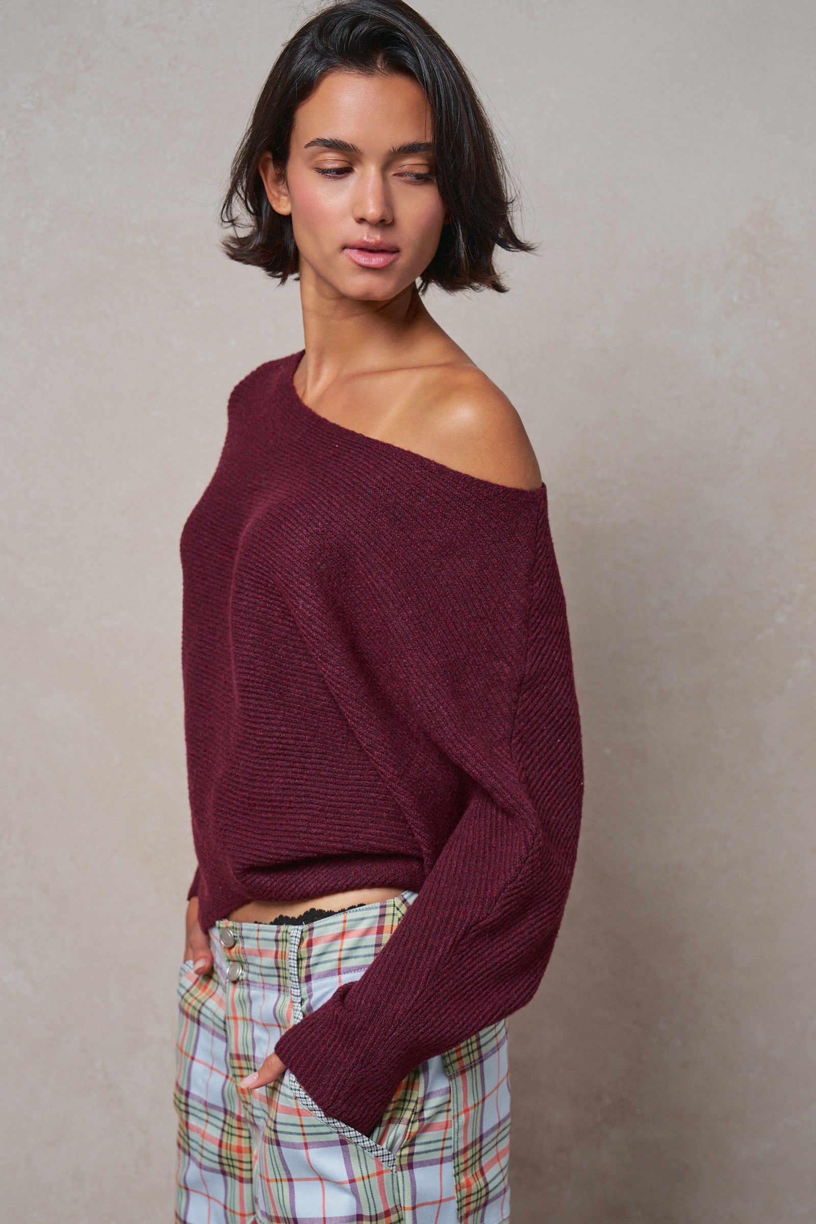 Dolman Sleeve Boat Neck Knit Sweater