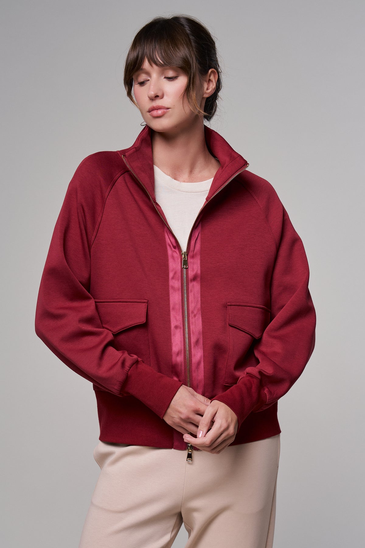 Scuba Knit Zip Up Track Bomber Jacket