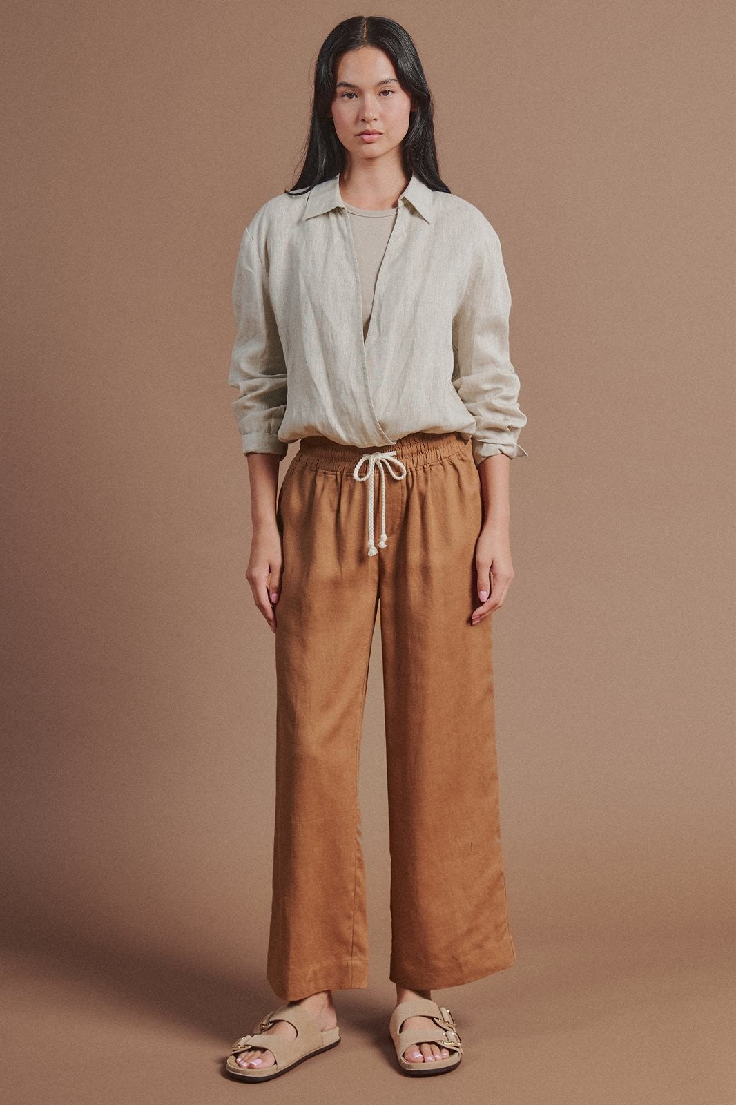 Linen Double Layer Wrap Blouse with Built-In Tank in LINEN - Women's Shirts & Blouses | Urban Daizy