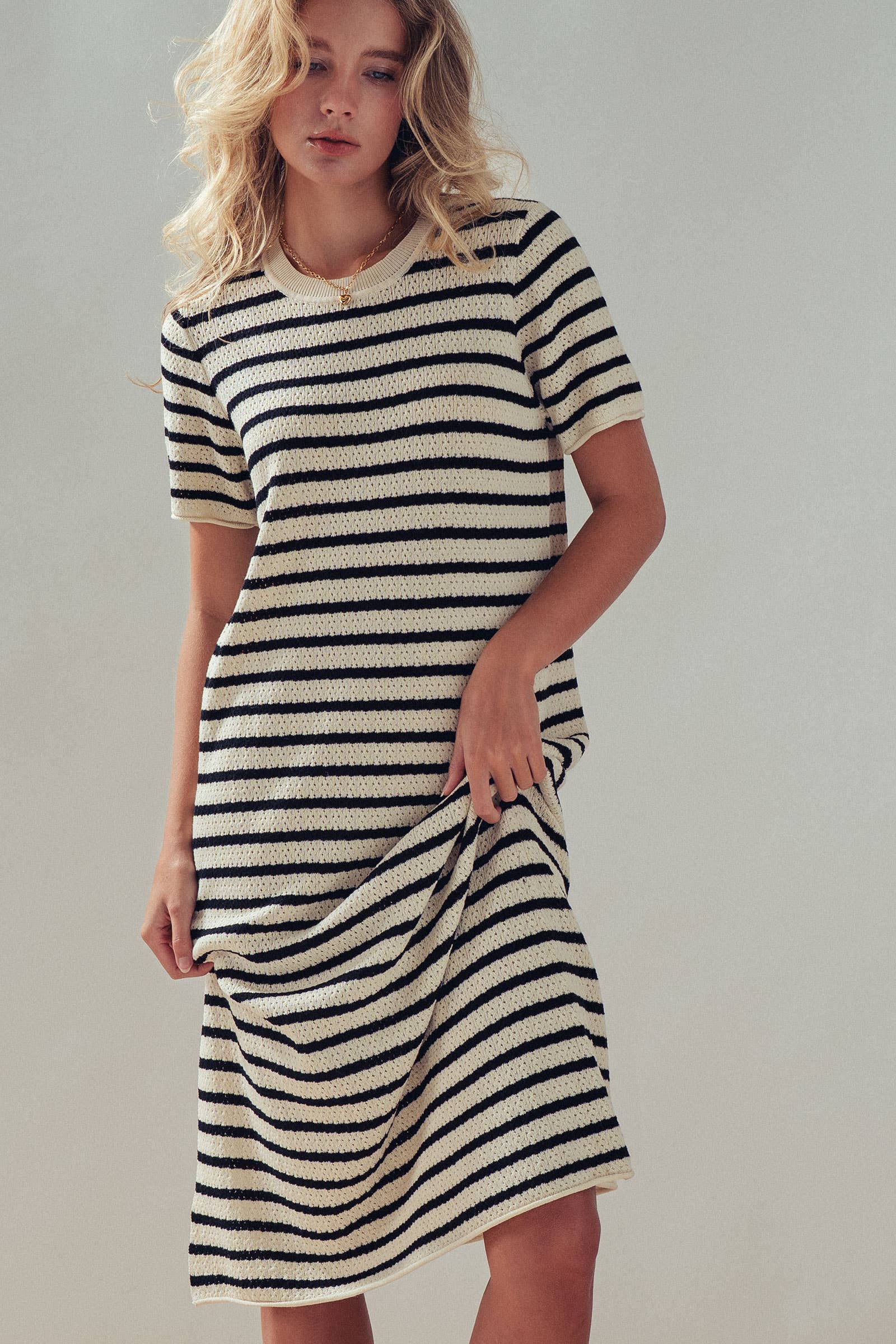 Striped Crochet Knit Short Sleeve Midi Dress