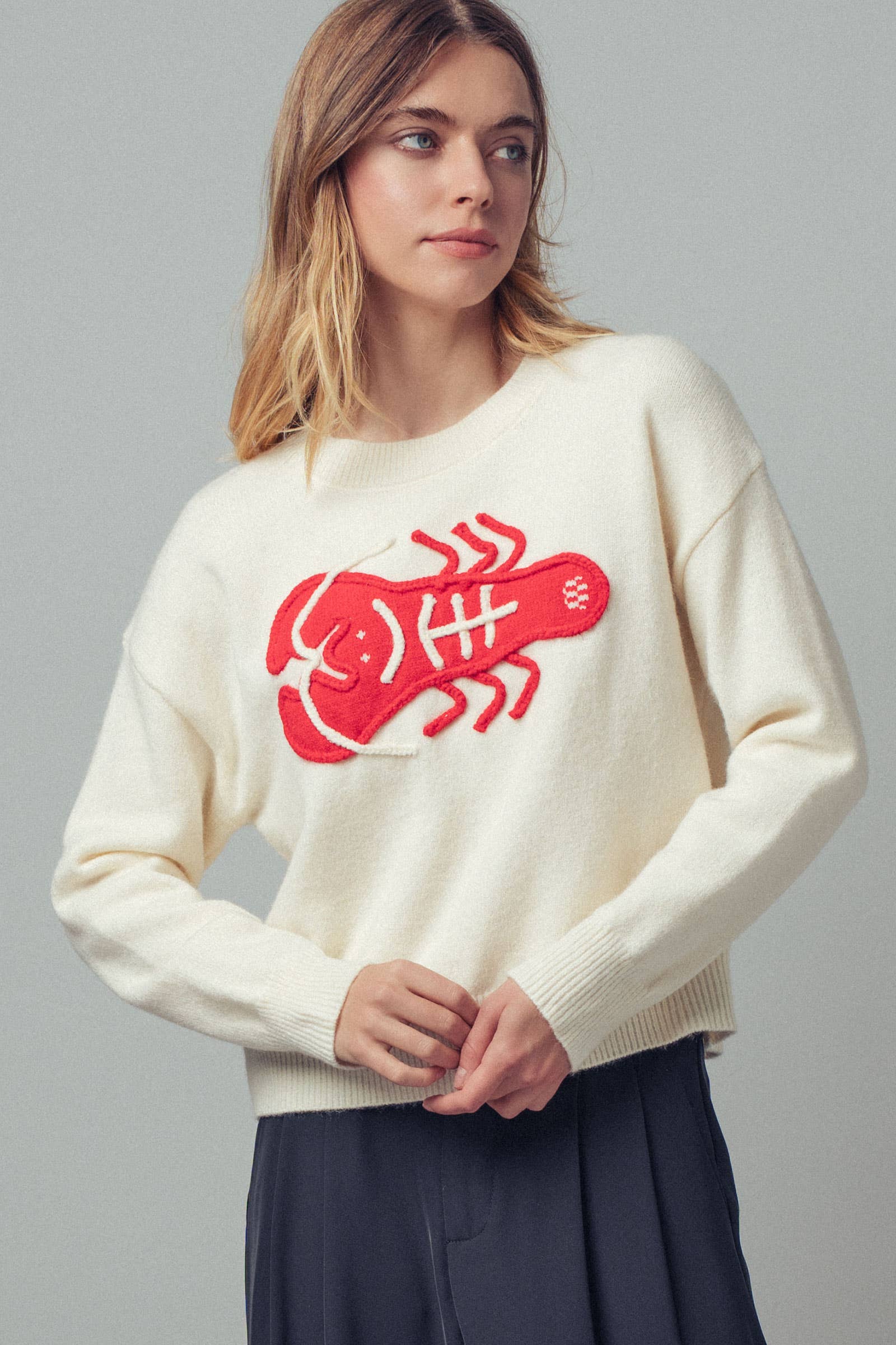 Urban Daizy Embroidered Red Lobster Nautical Statement Sweater Ivory Knit Sweater - Women's (UDZ-KN-00600) – alternate…