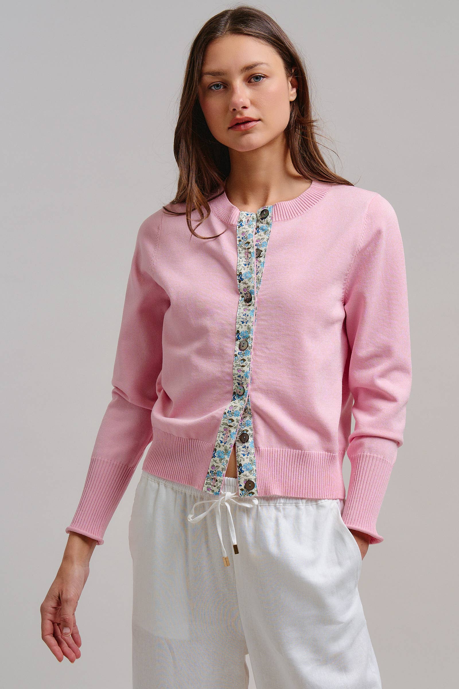 Contrast Floral Detail Knit Button Cardigan