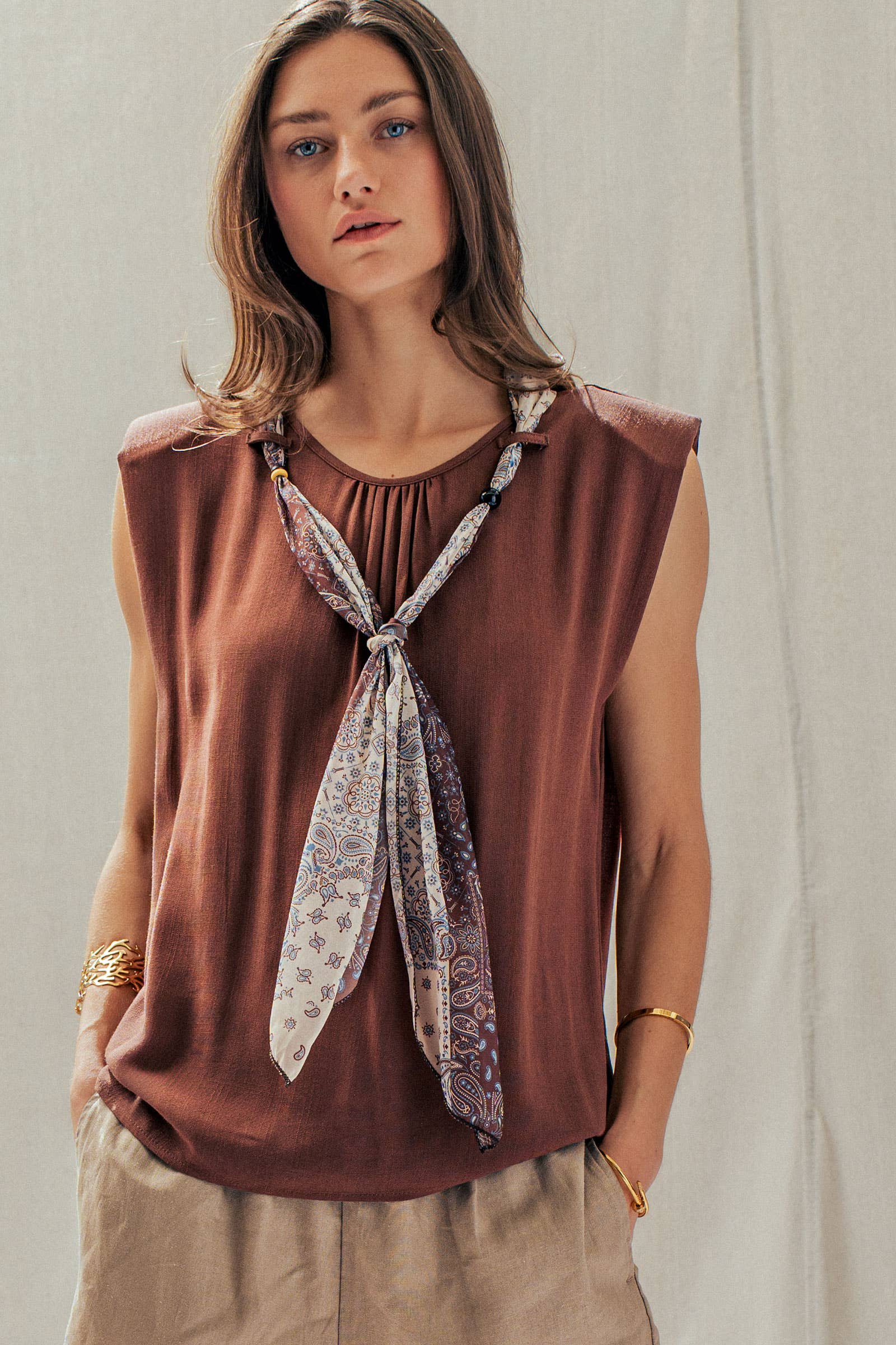 Paisley Scarf Tie Linen Blend Muscle Top