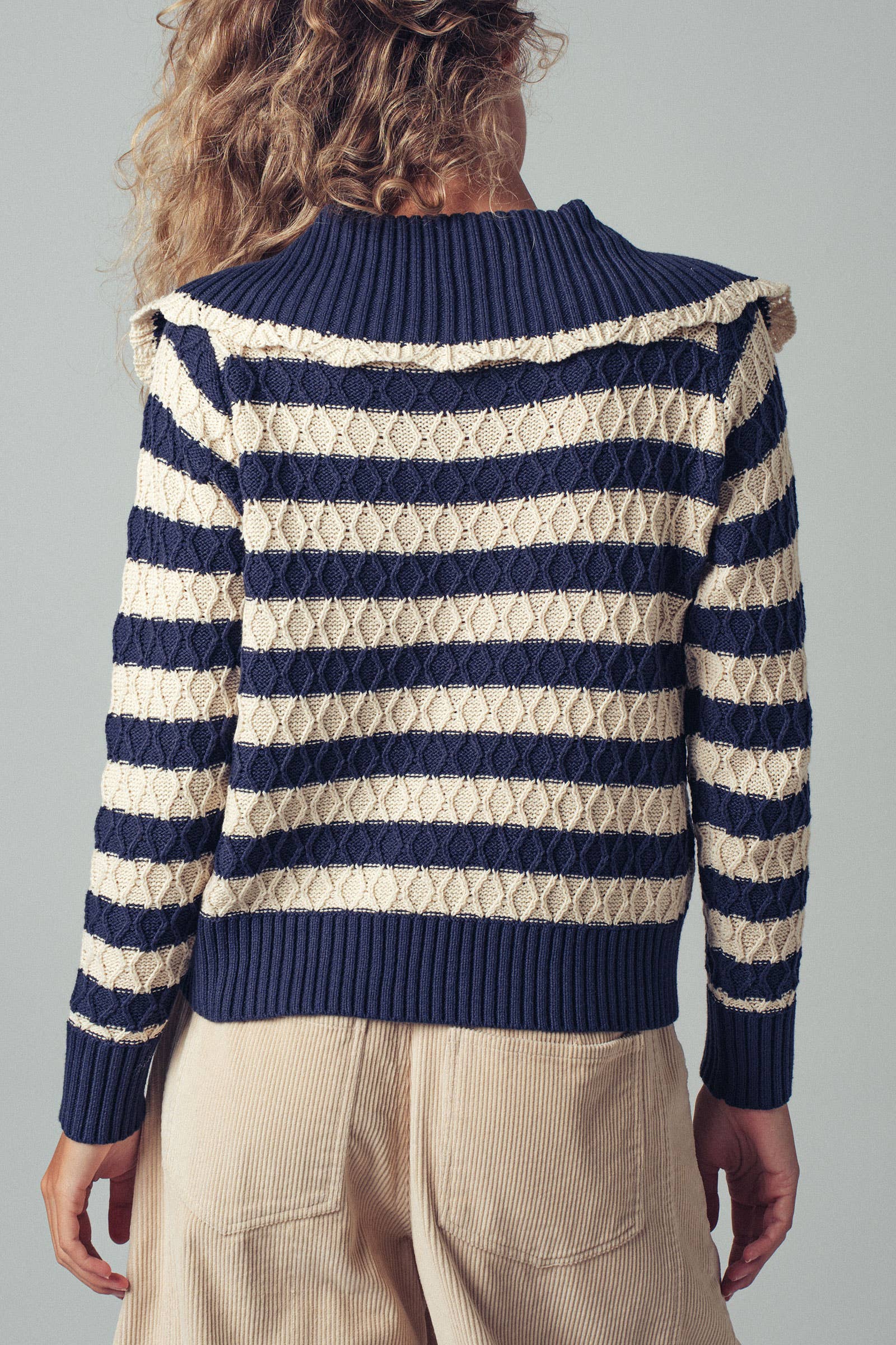 Lace-Up Cable Knit Striped Sweater Top