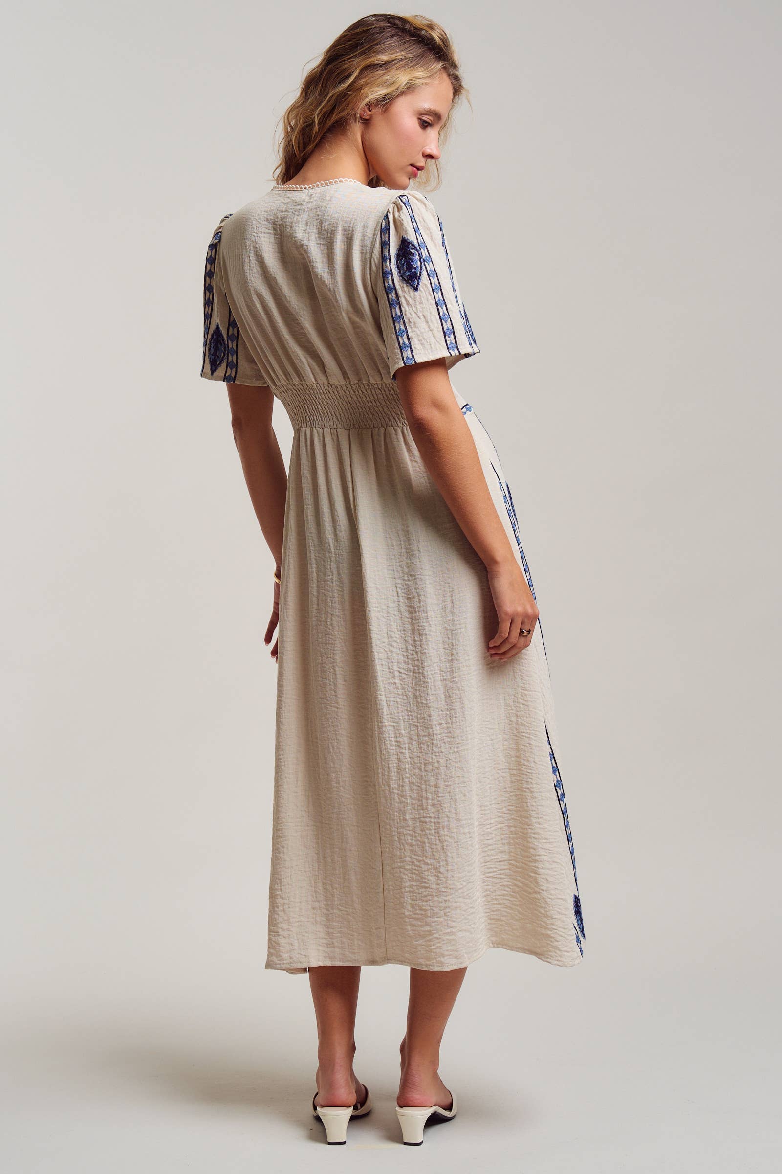 Geometric Embroidered Linen Blend Midi Dress