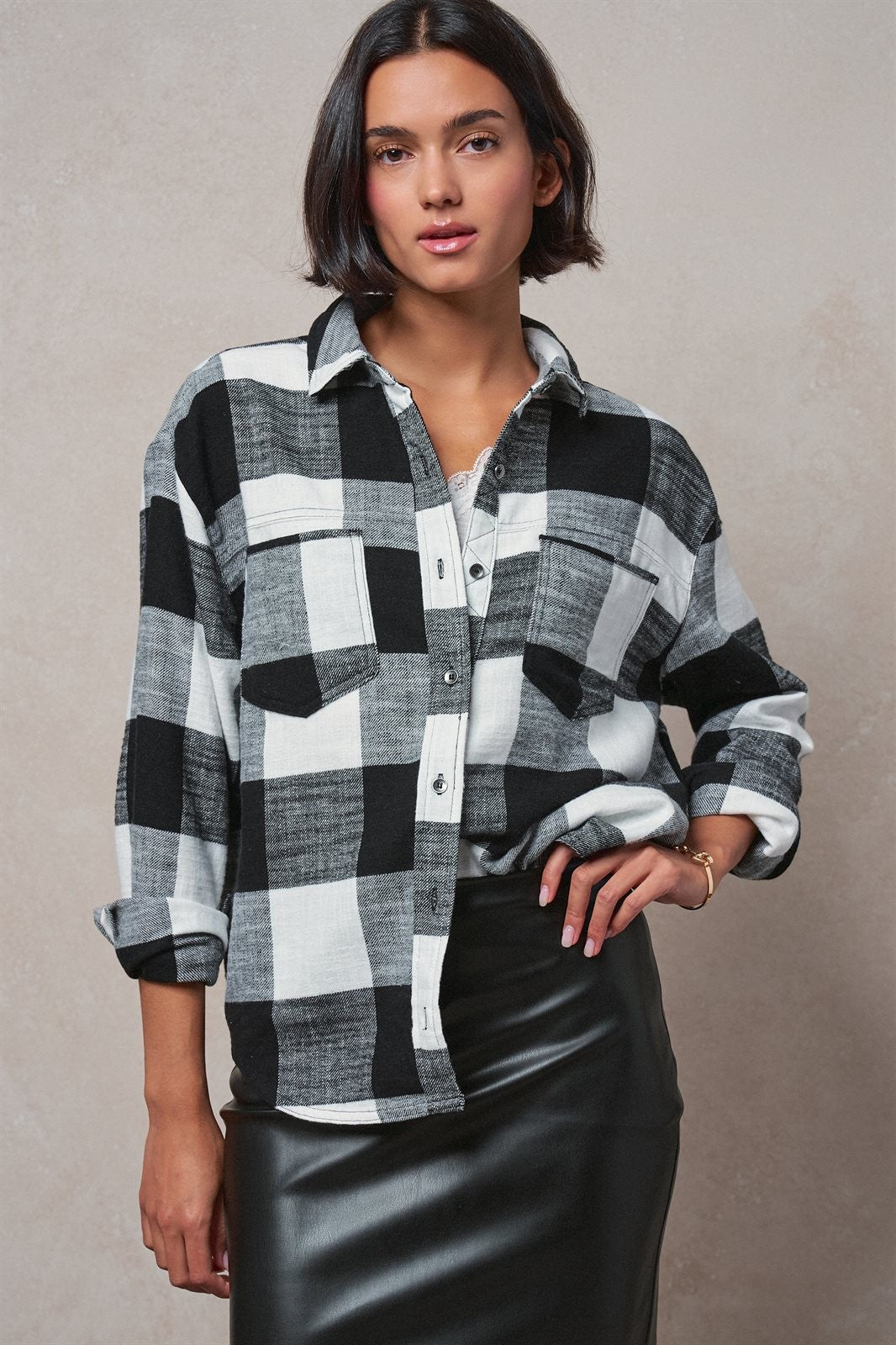Buffalo Plaid Flannel Shirt Button Up Western Boho Top in BLACK - Women's Shirts & Blouses | Urban Daizy