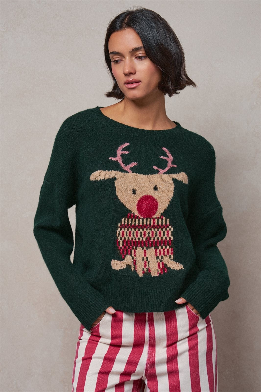 Rudolph Crewneck Knit Sweater in H GREEN - Women's Sweaters | Urban Daizy