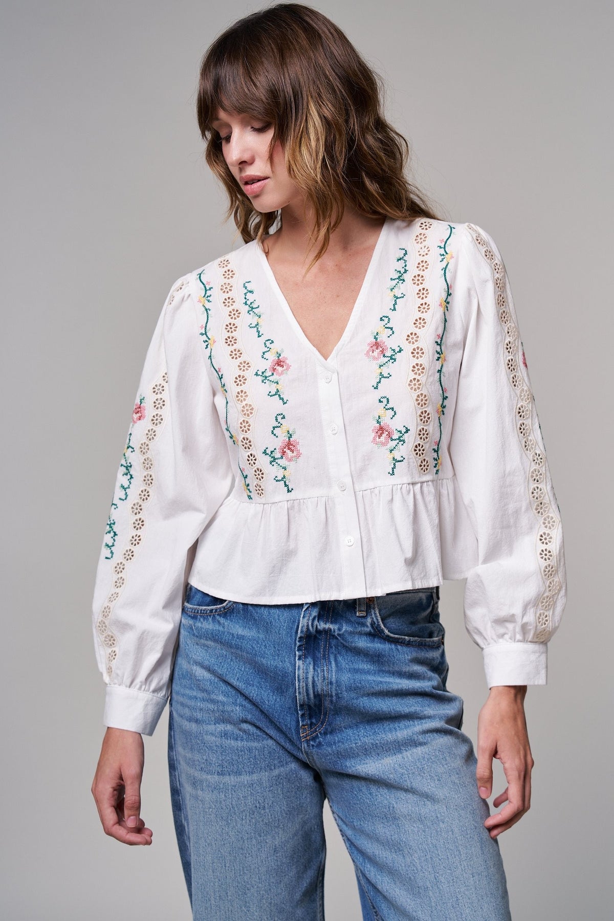 Folk Song Embroidered Peplum Blouse in WHITE - Women's Shirts & Blouses | Urban Daizy