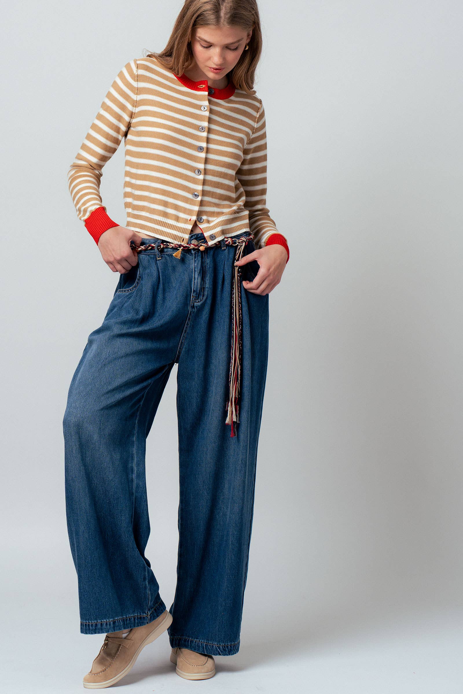 Striped Knit Cropped Button-Up Cardigan