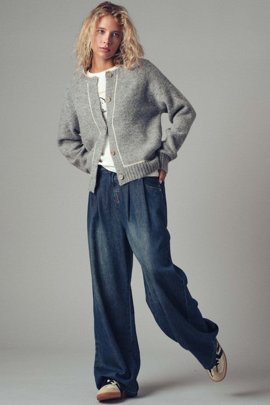Wool Blend Sweater Cardigan with Statement Buttons in GREY - Women's Cardigans & Shrugs | Urban Daizy