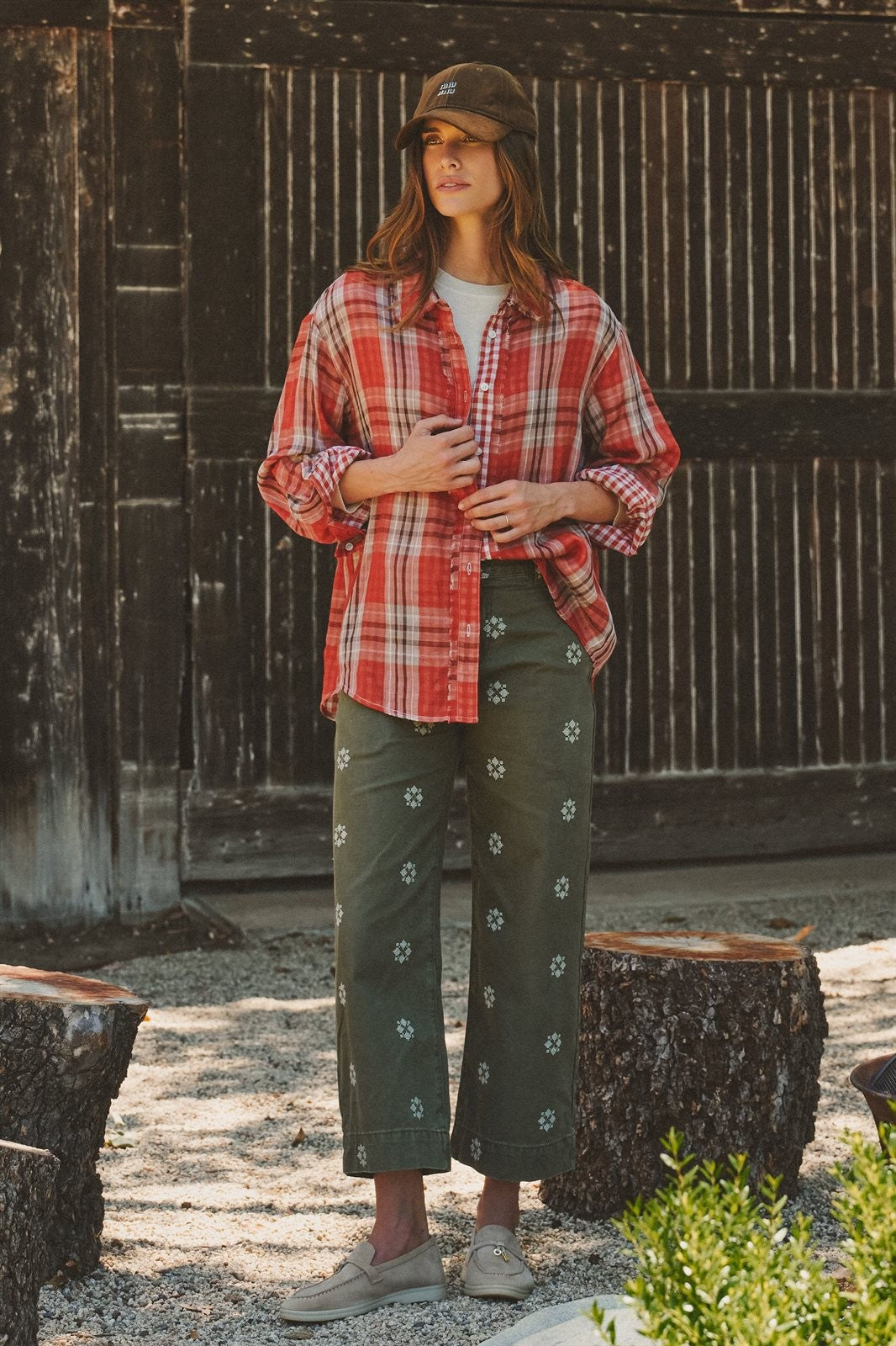 Oversized Plaid Cotton Button-Down Shirt in RUST - Women's Shirts & Blouses | Urban Daizy