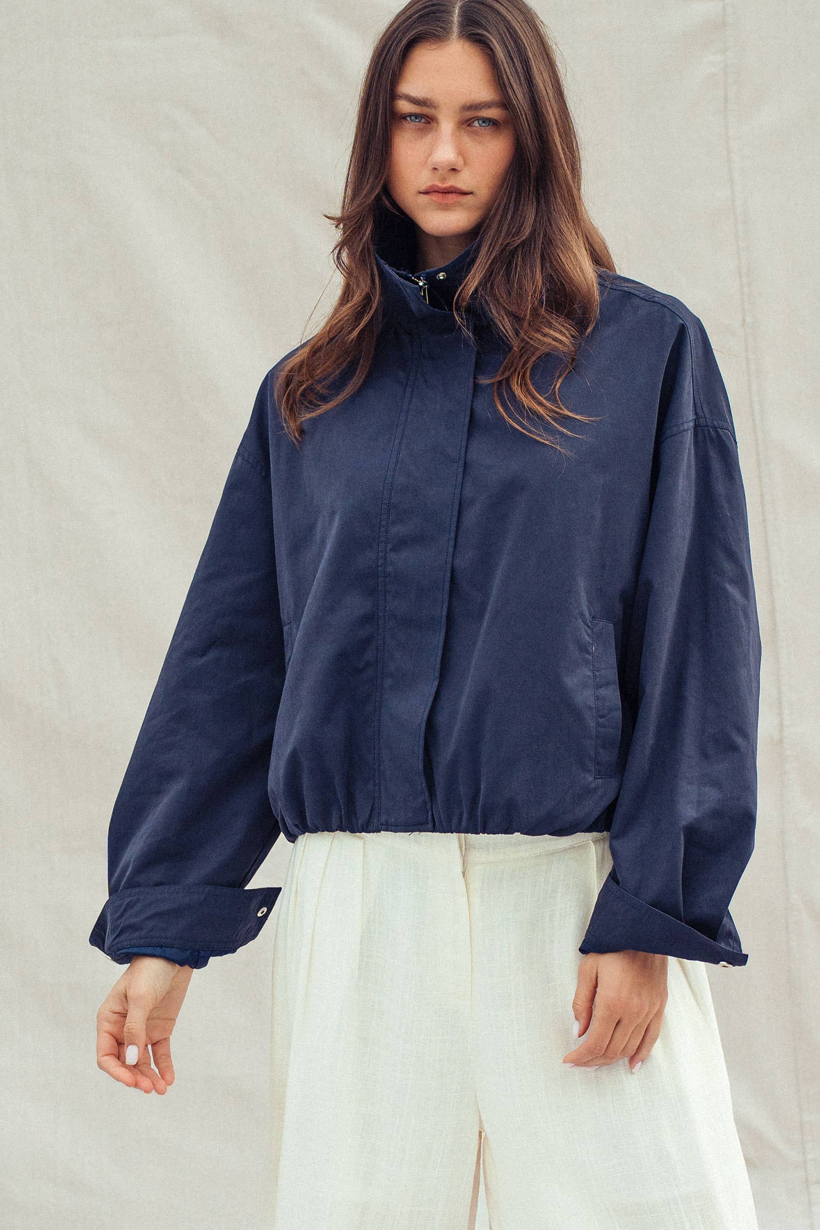 Modern Relaxed Stand Collar Camel Zip Jacket