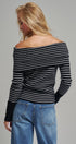 Off-Shoulder Striped Knit Top with Button Cuffs in BLACK - Women's Sweaters | Urban Daizy