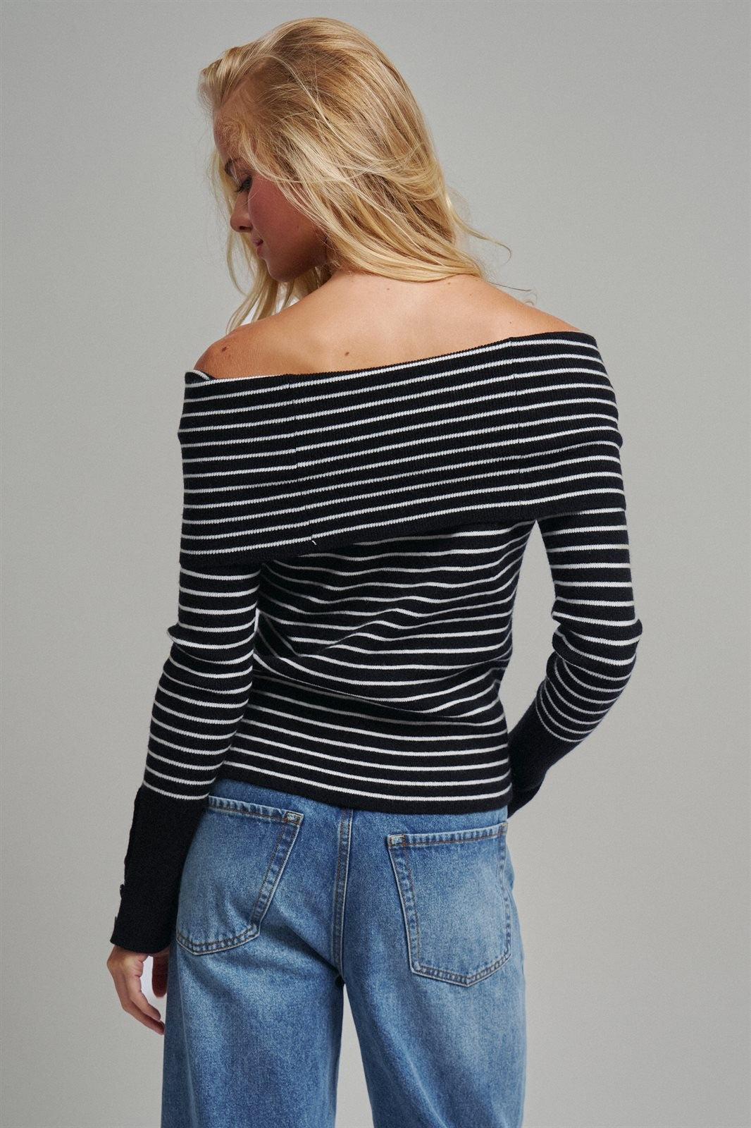 Off-Shoulder Striped Knit Top with Button Cuffs in BLACK - Women's Sweaters | Urban Daizy