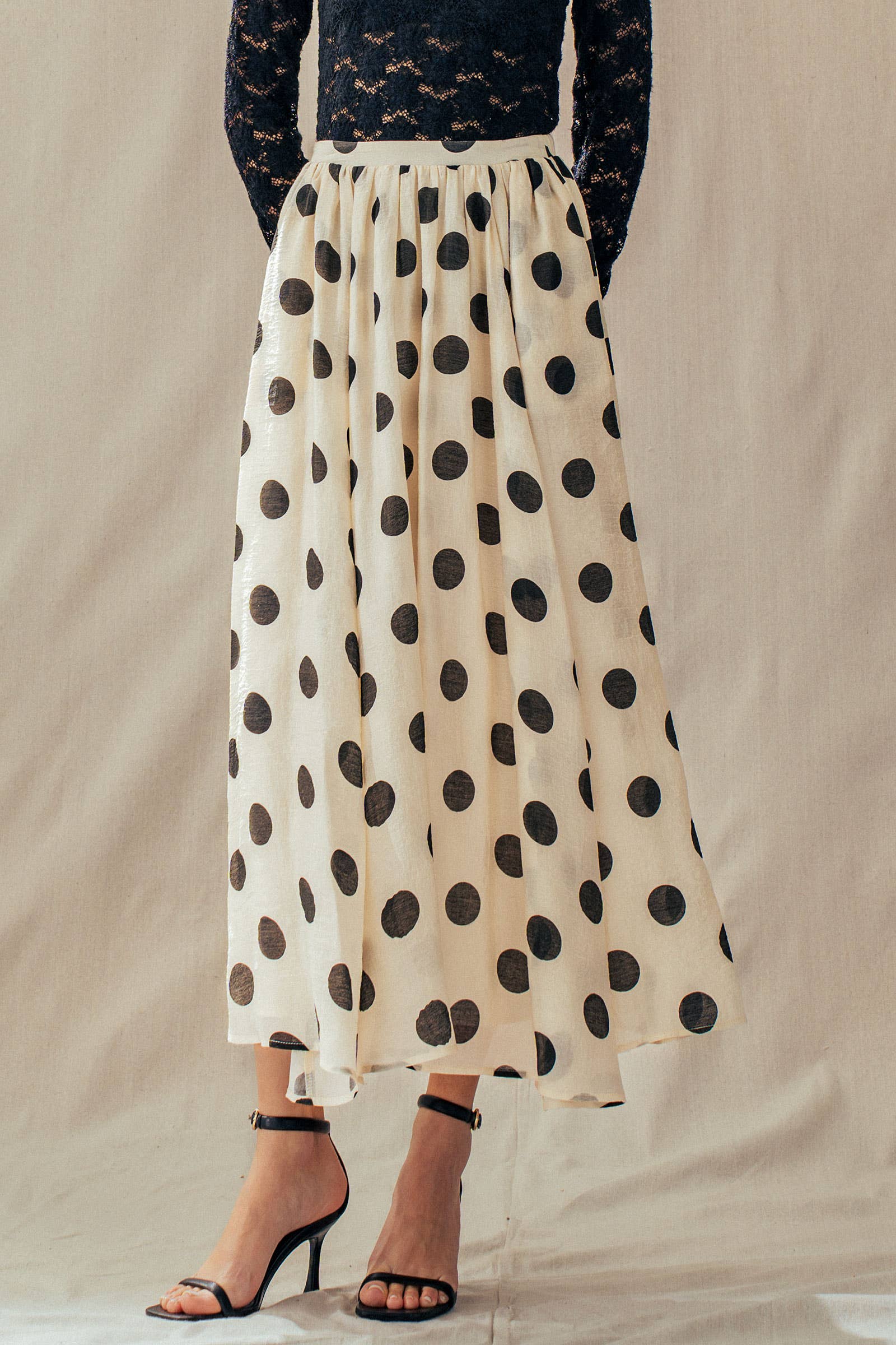 Polka Dot Elastic Waist Midi Skirt