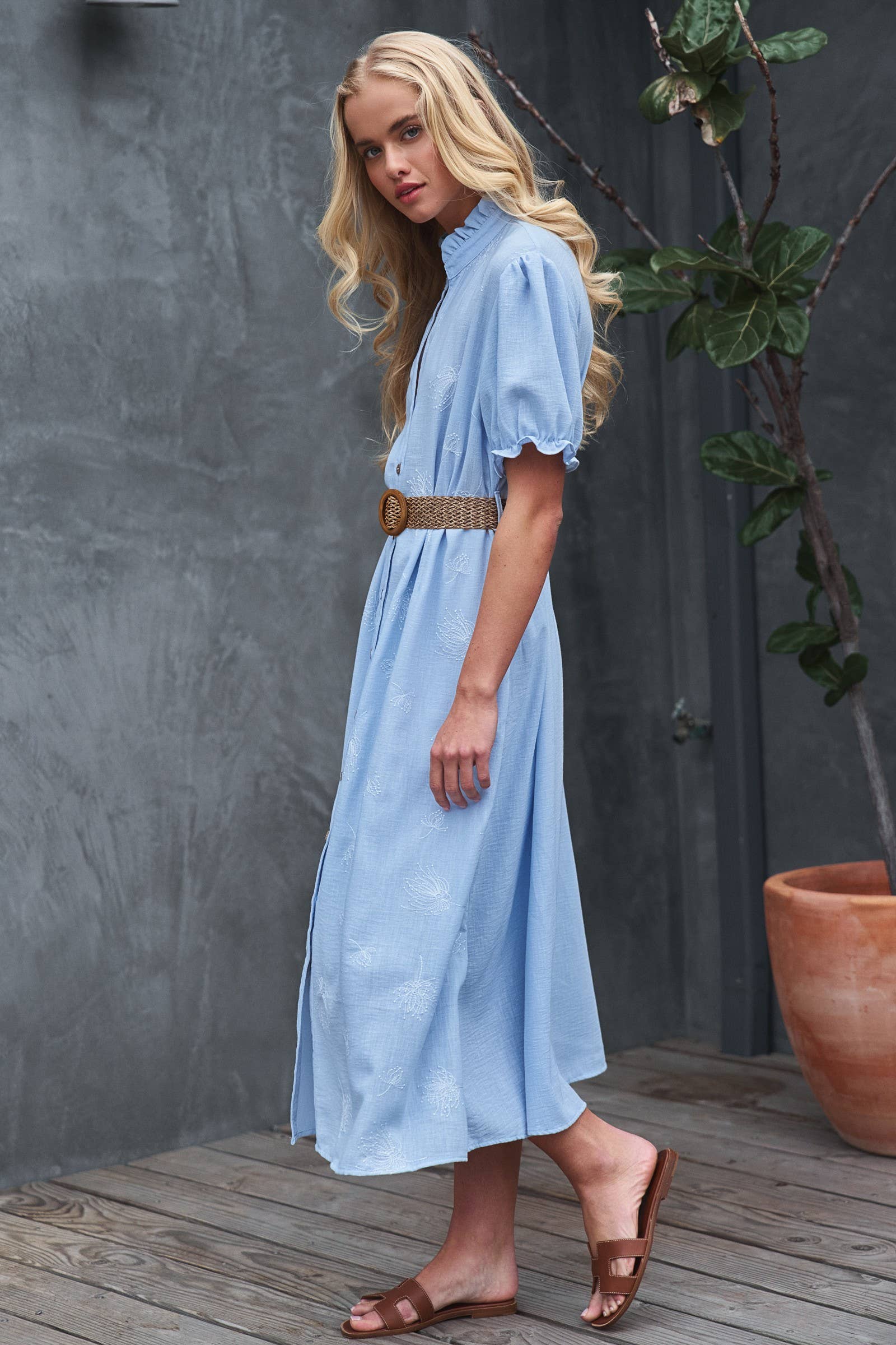 Embroidered Linen Blend Button Front Midi Dress