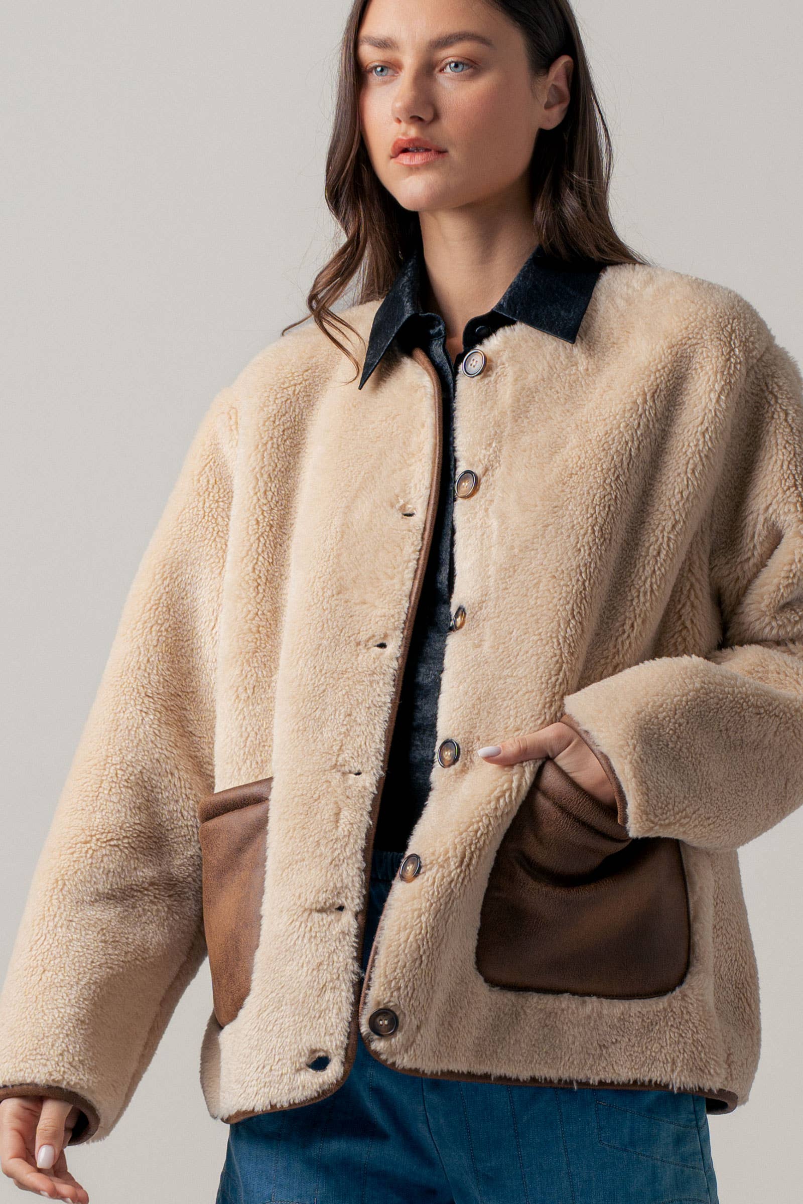 Faux Shearling Jacket with Suede Pockets