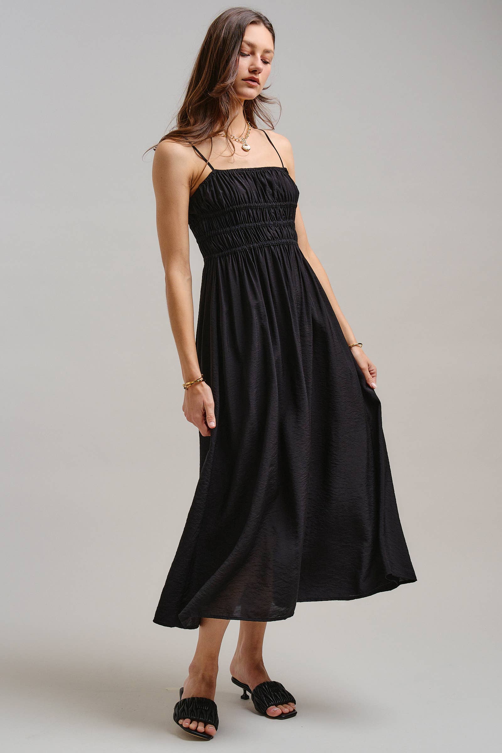 Urban Daizy Smocked Bodice Midi Dress Black Dress - Women's (TNDR1639-Black)