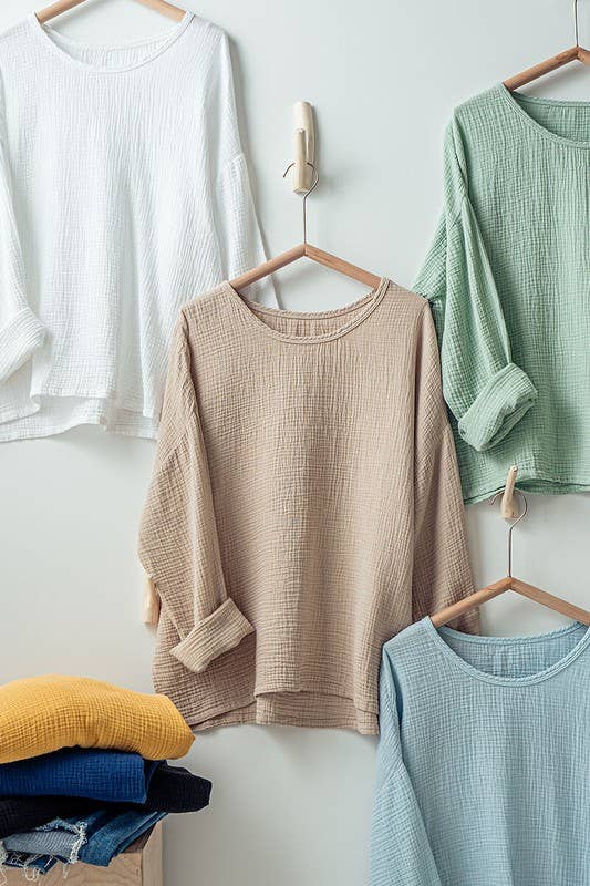 Urban Daizy Vintage Bubble Gauze Oversized Long Sleeve Lounge Top Blue-Sage Knit Top - Women's (UDZ-TP-00516) – alternate…