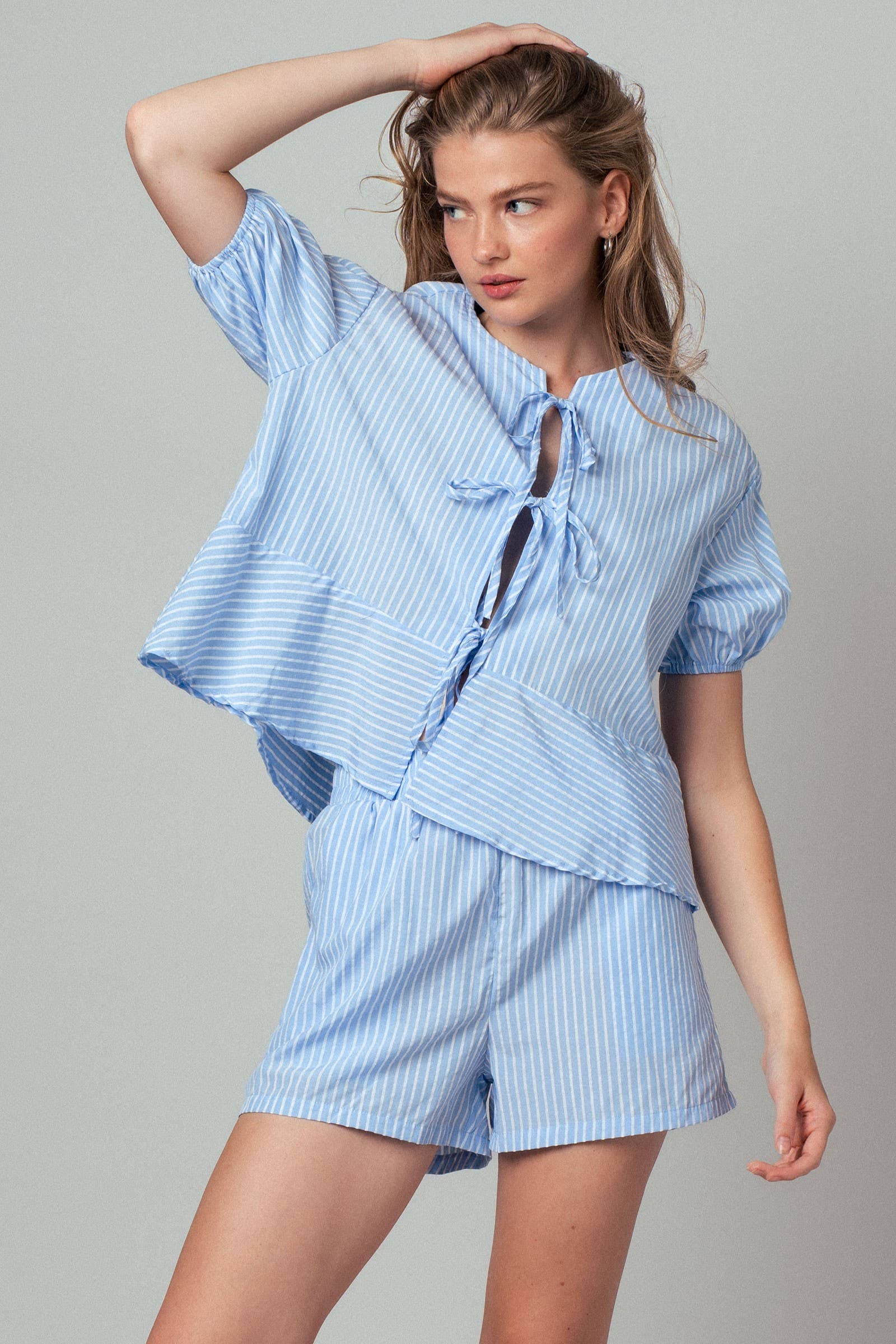 Urban Daizy Striped Tie-Front Puff Sleeve Two-Piece Set Sage-Stripe Top & Short Set (NOT Loungewear) - Women's (UDZ-AC-00224) – alternate view 9