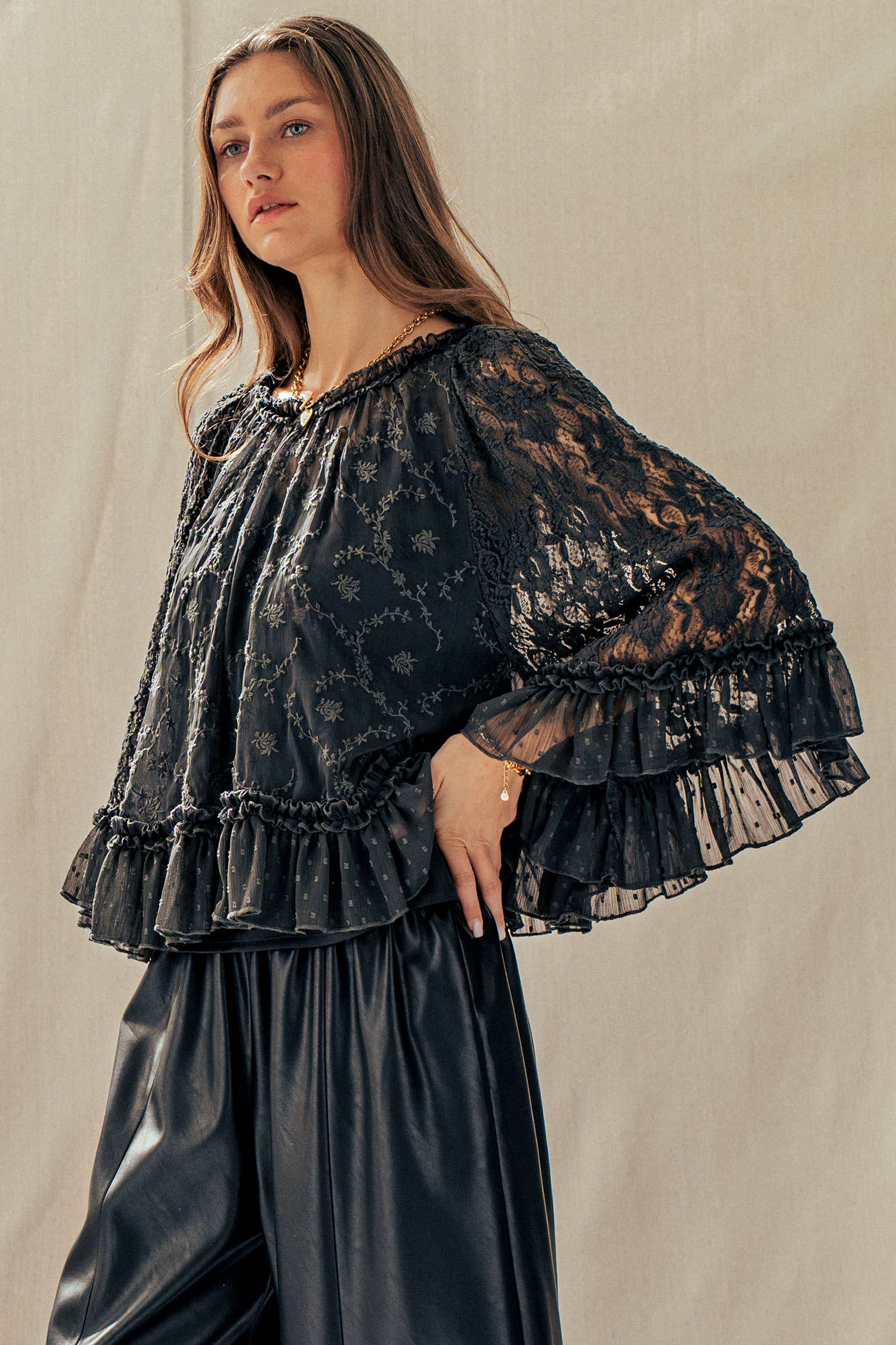Swiss Dot Lace Top Ruffle Flutter Sleeve