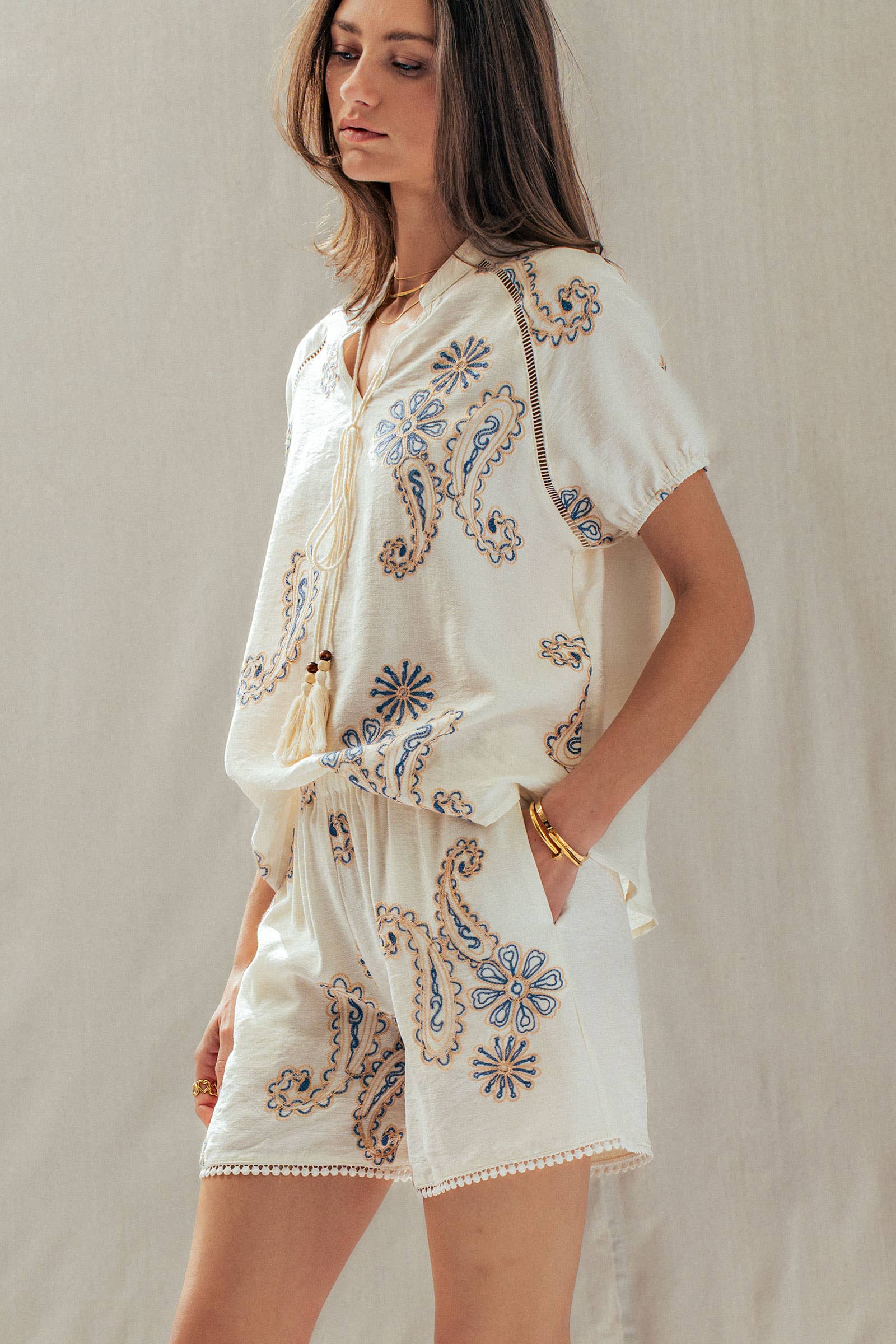Paisley Embroidered Linen Blend Tassel Top