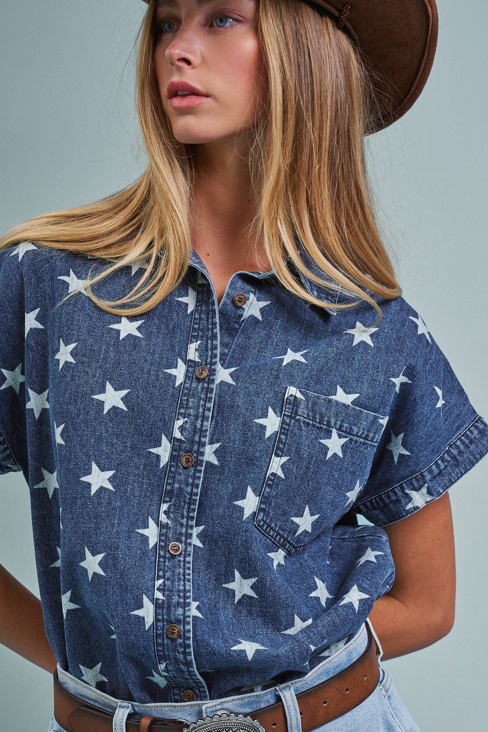 Star Print Chambray Short Sleeve Button Down