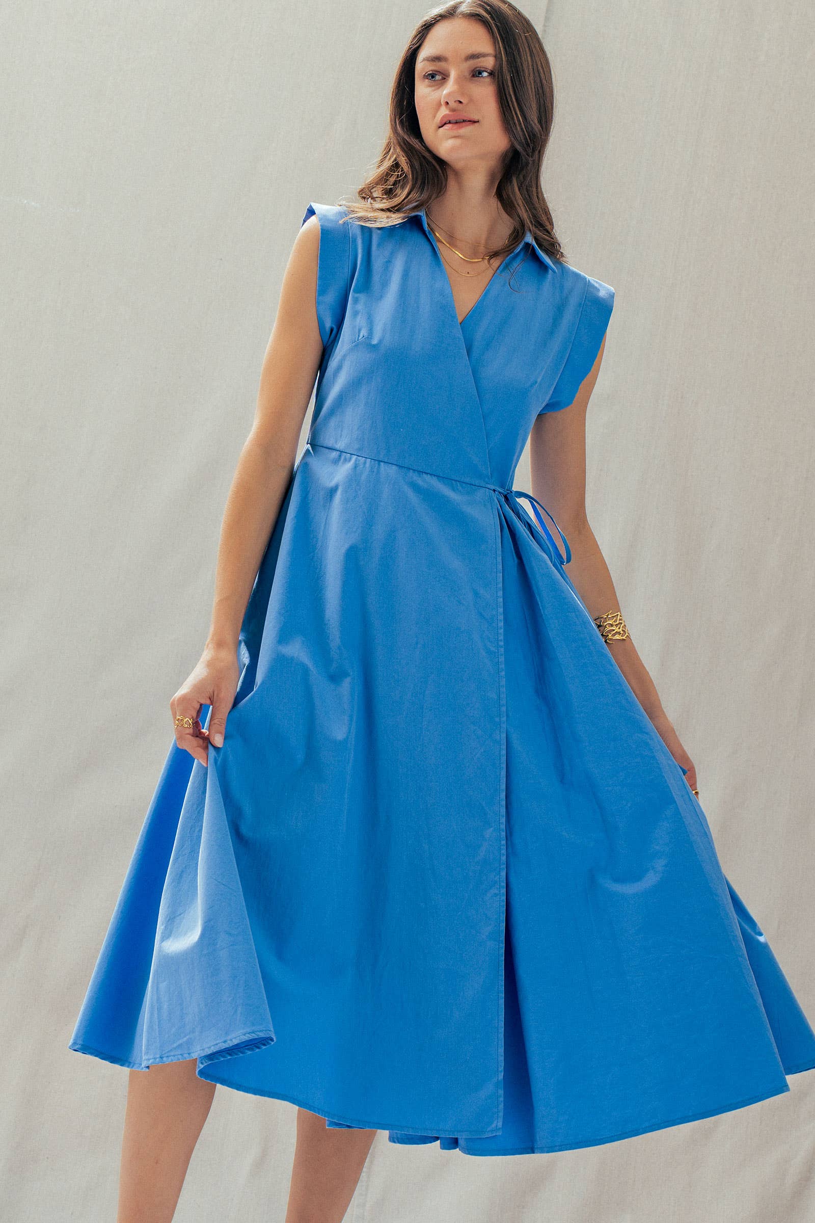 Collared Cap Sleeve Wrap Midi Dress